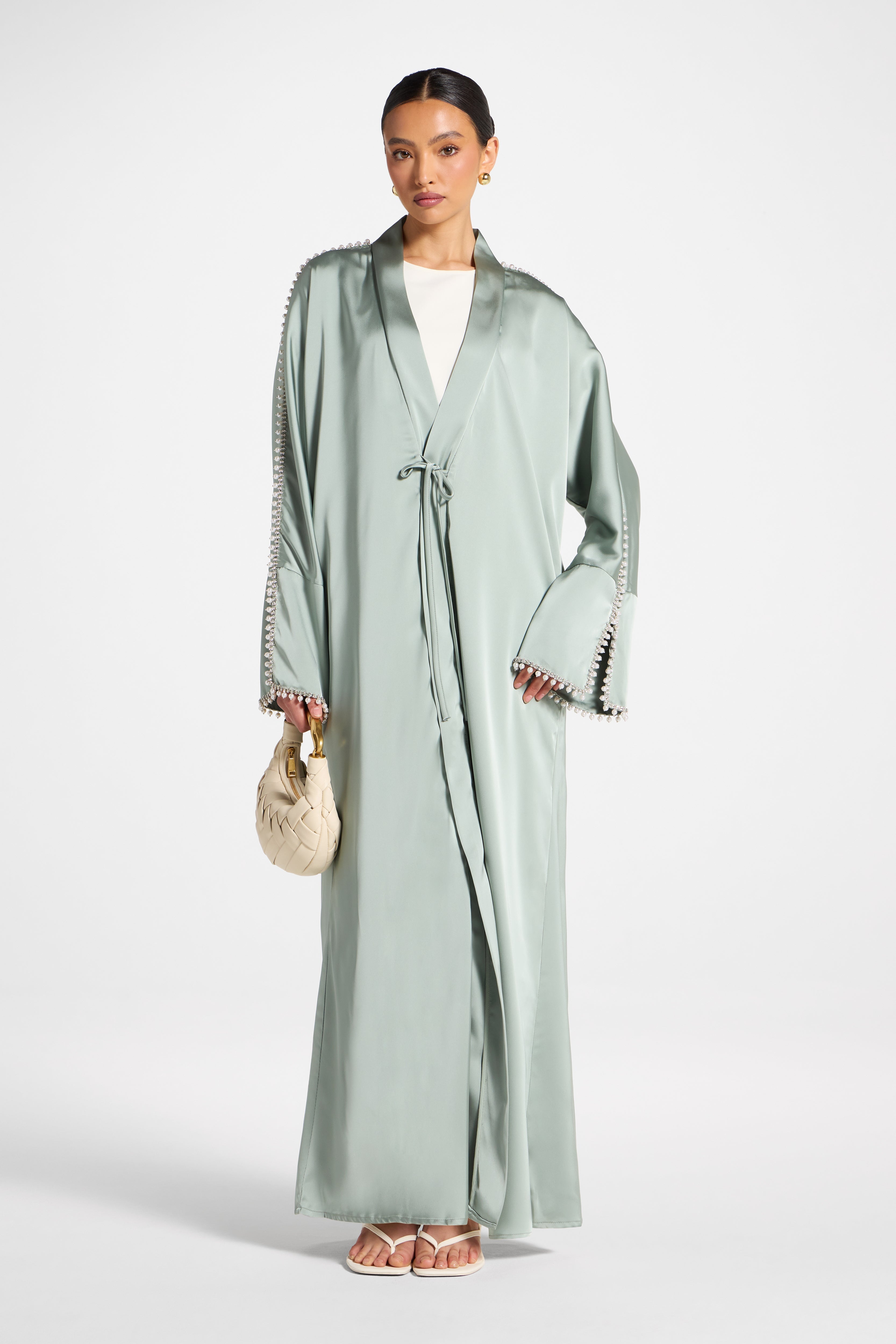 Embellished Open Abaya - Sage