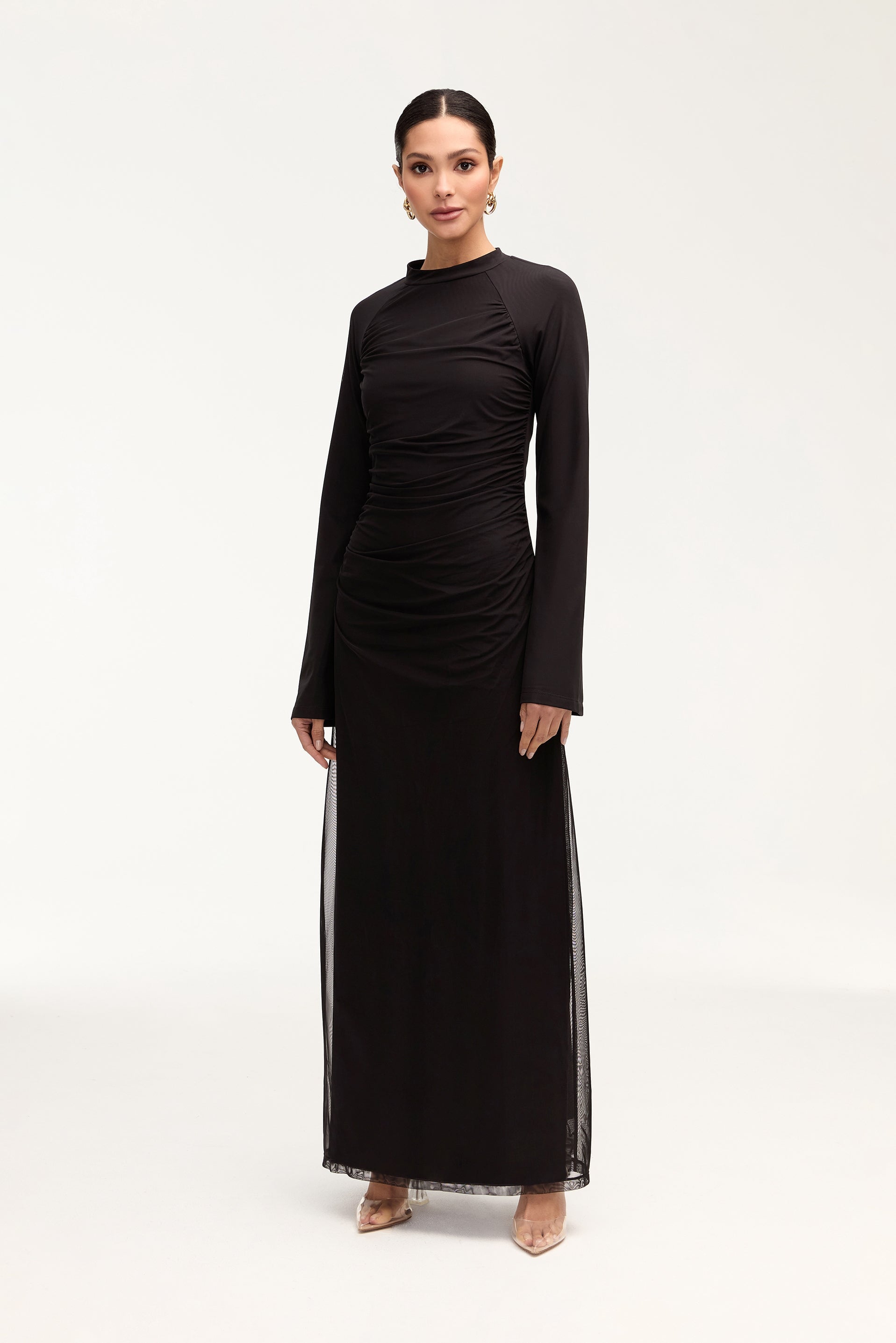 Emilia Rouched Mesh Maxi Dress - Black Clothing Veiled 