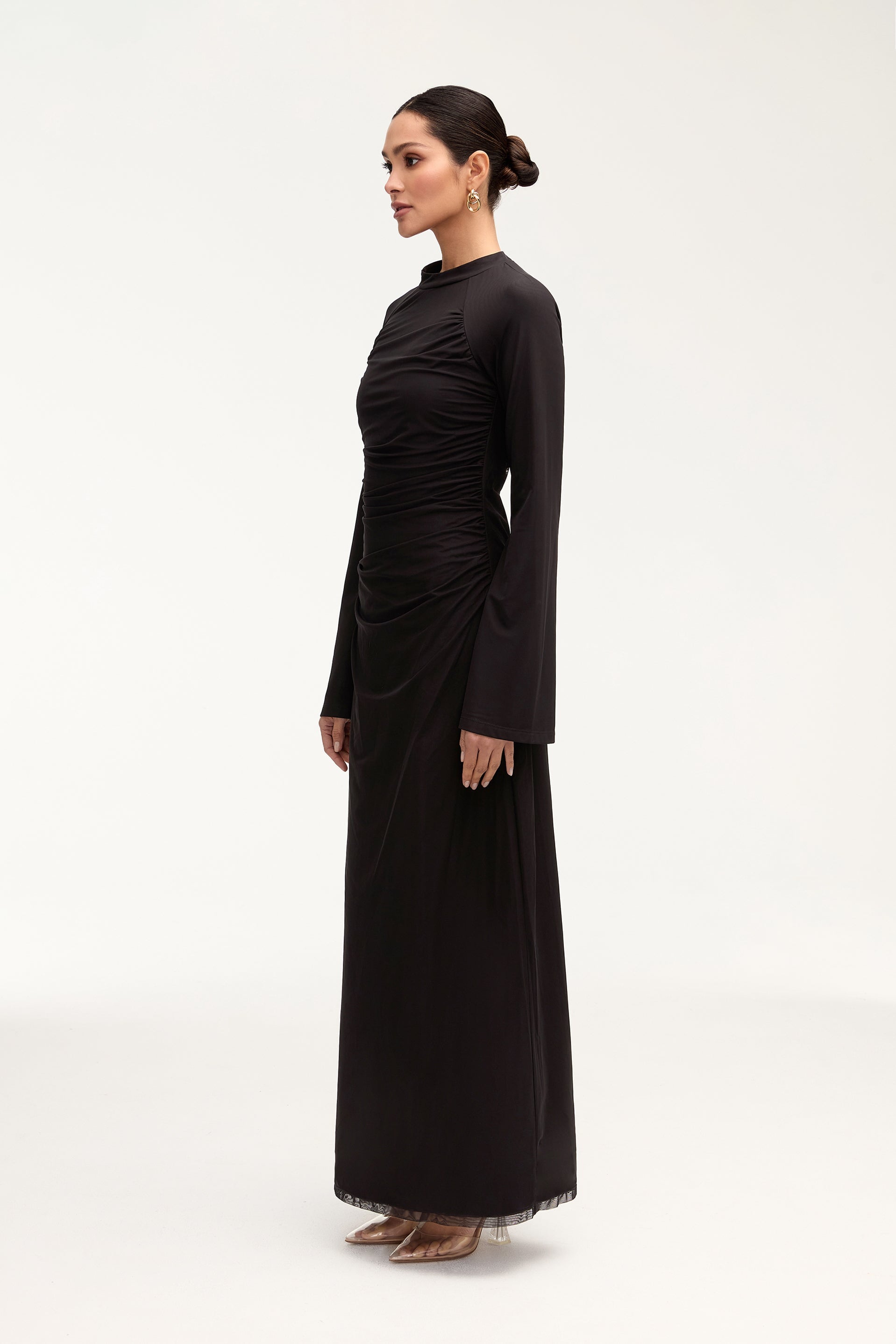 Emilia Rouched Mesh Maxi Dress - Black Clothing Veiled 