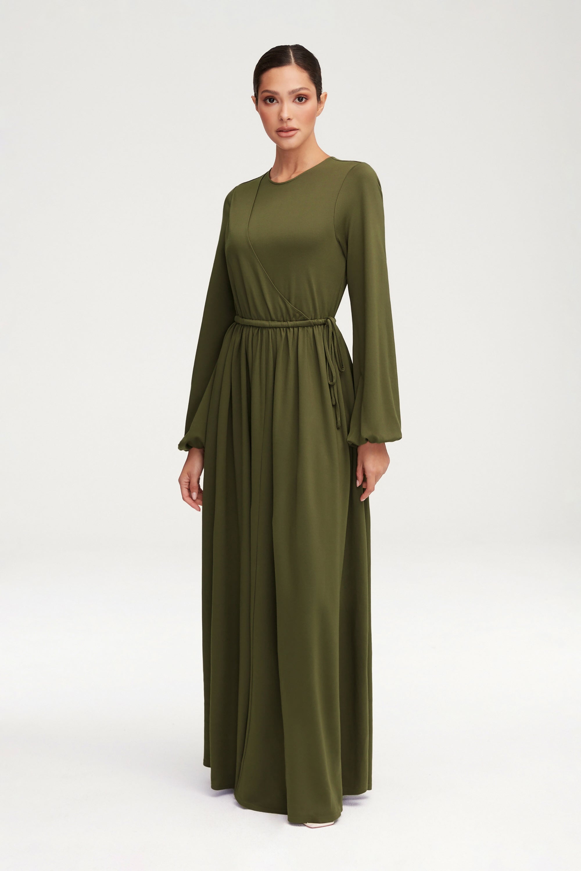 Emma Jersey Elastic Waist Maxi Dress - Khaki Green Clothing Veiled 
