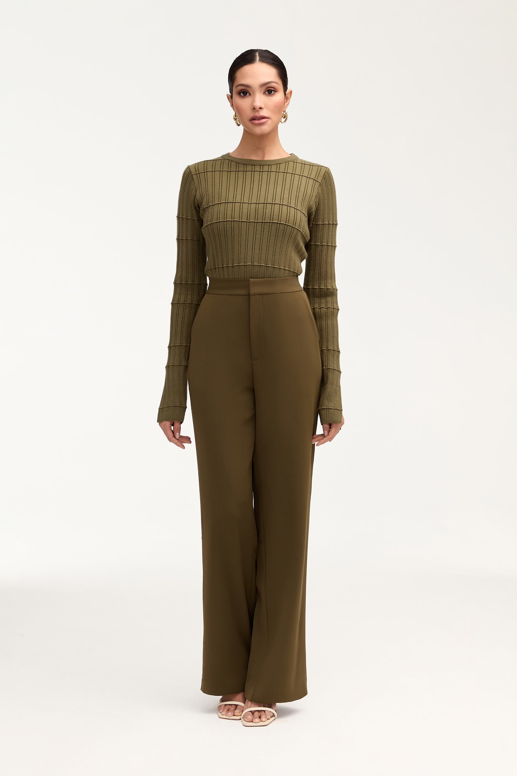 Essential Wide Leg Pants - Khaki Clothing Veiled 