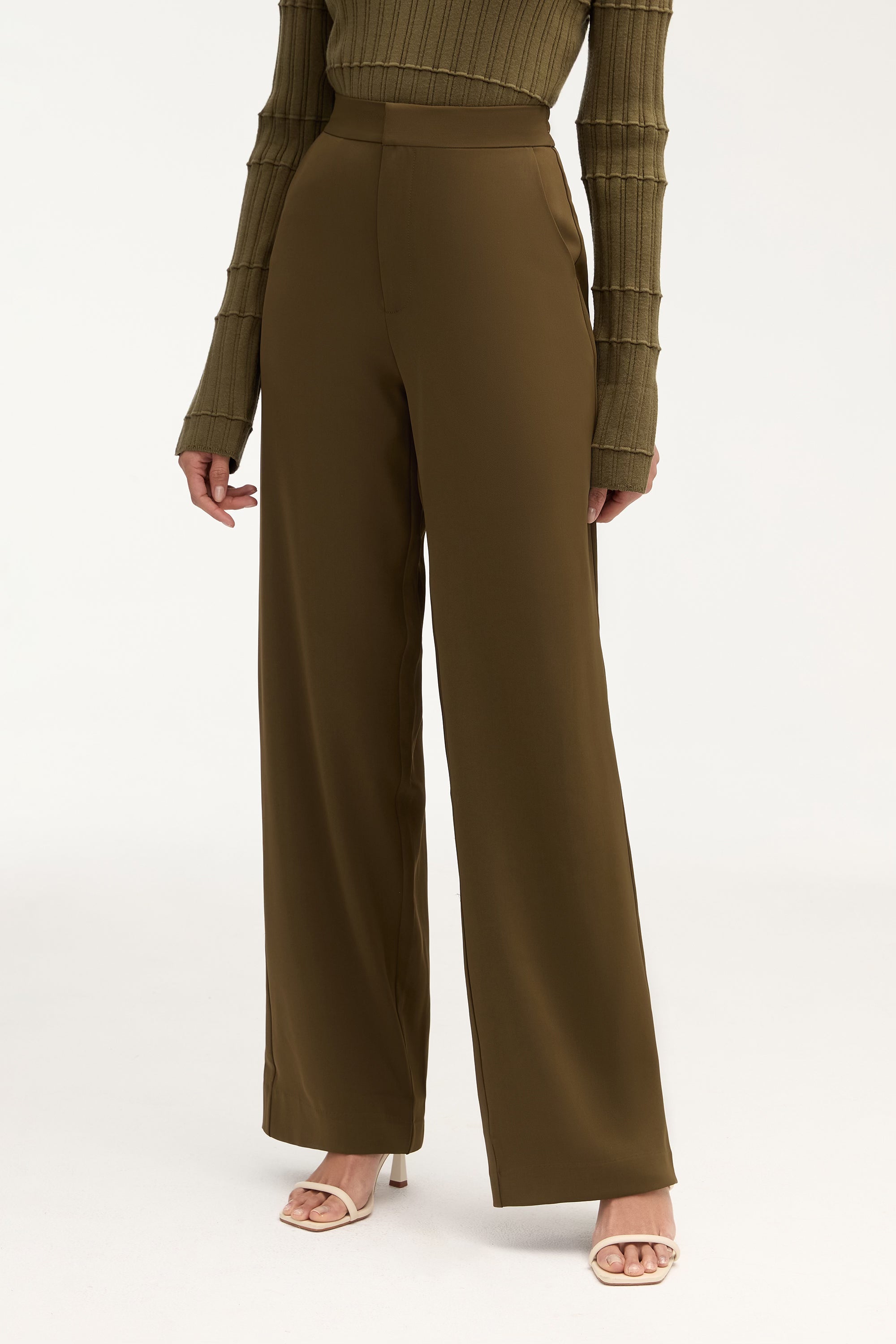 Essential Wide Leg Pants - Khaki Clothing Veiled 