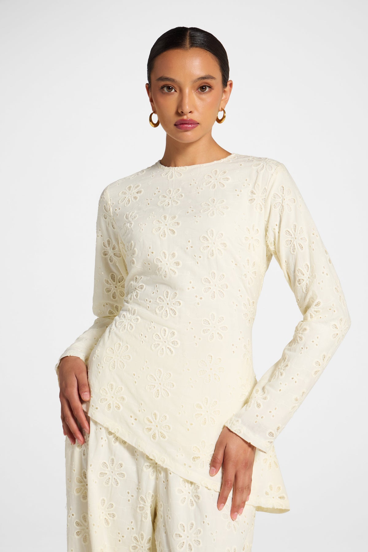 Eyelet Asymmetric Top - Coconut Milk Top Veiled 