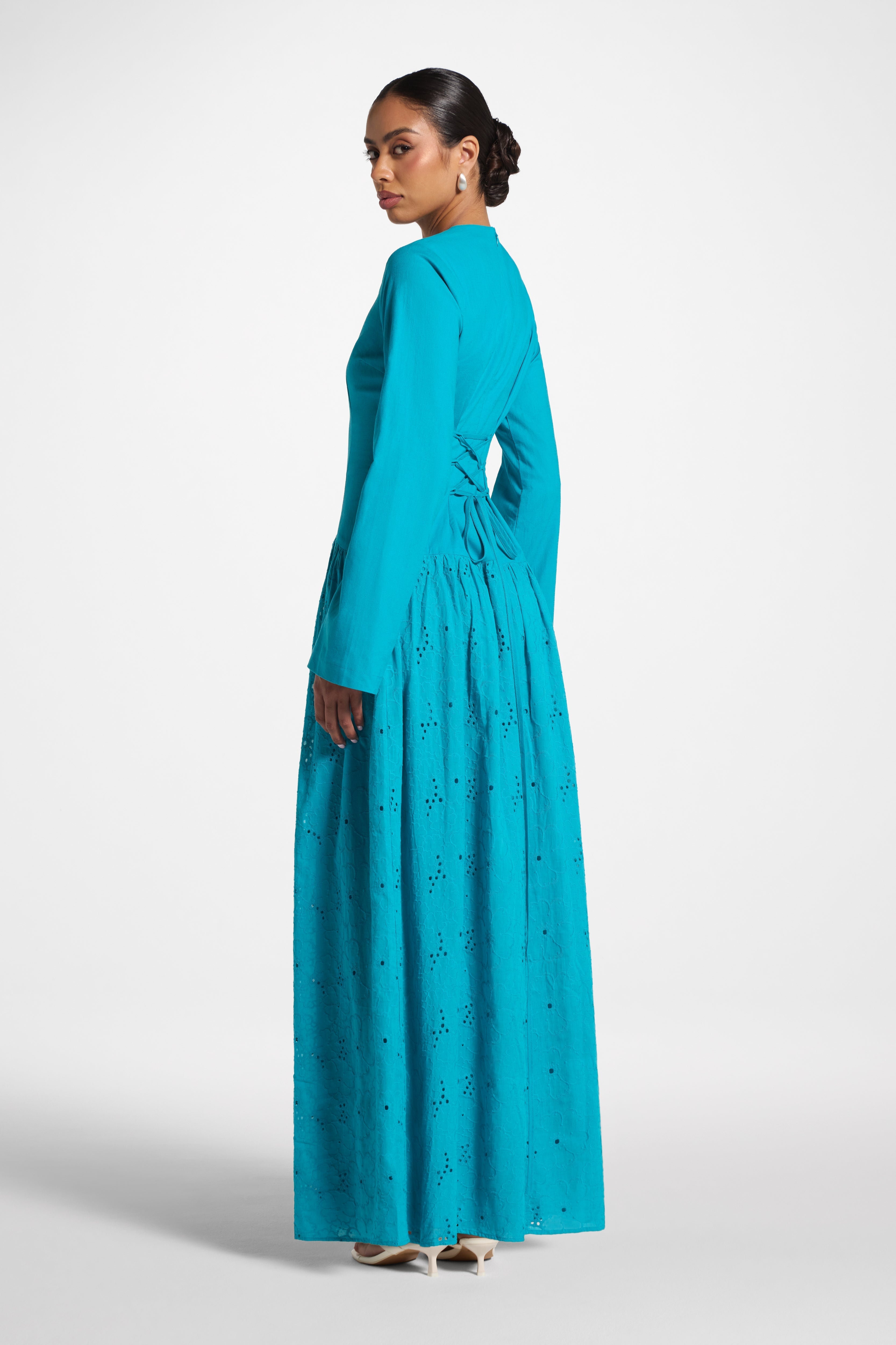 Eyelet Lace Up Maxi Dress - Cerulean Abayas Veiled 