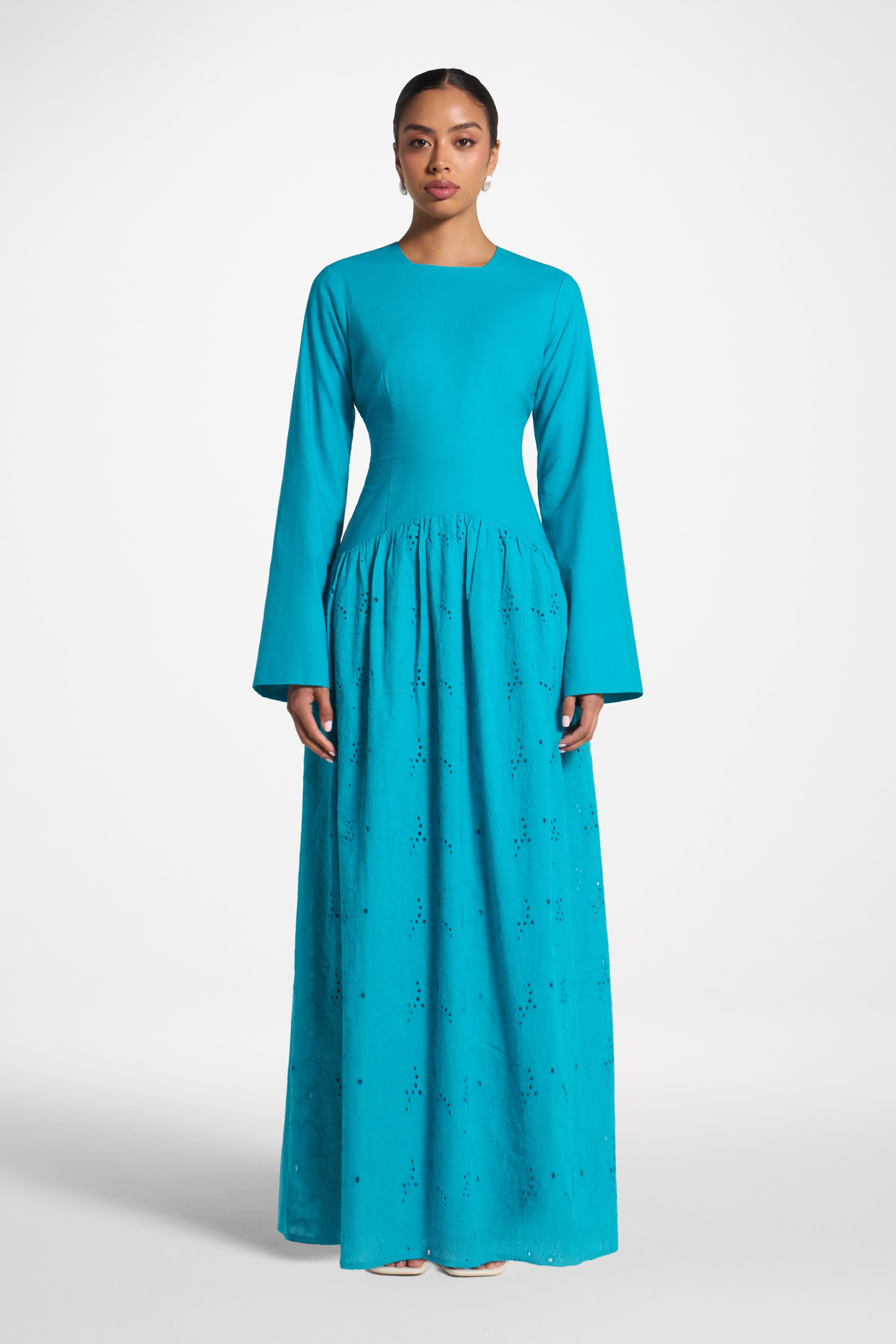 Eyelet Lace Up Maxi Dress - Cerulean Abayas Veiled 
