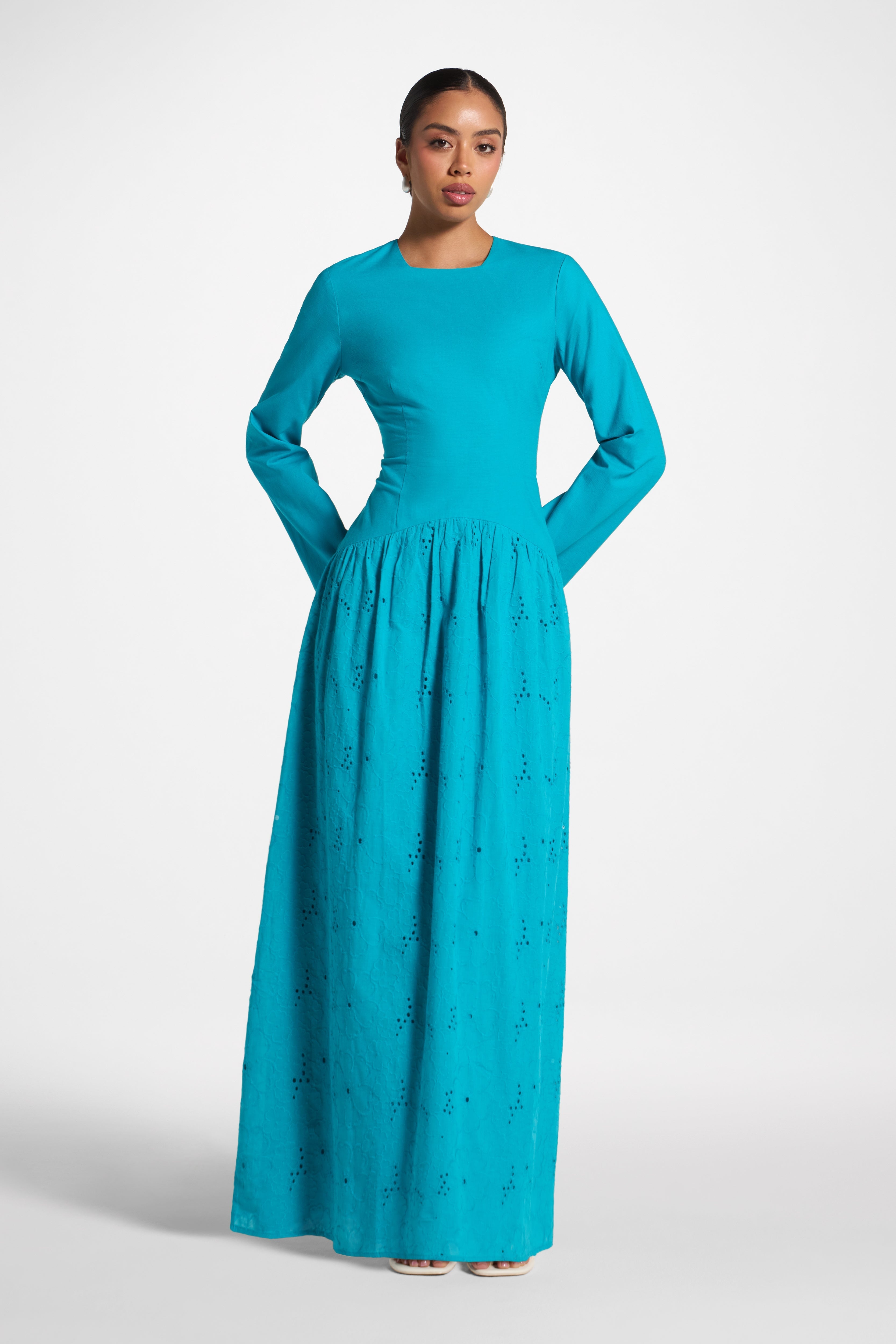 Eyelet Lace Up Maxi Dress - Cerulean Abayas Veiled 
