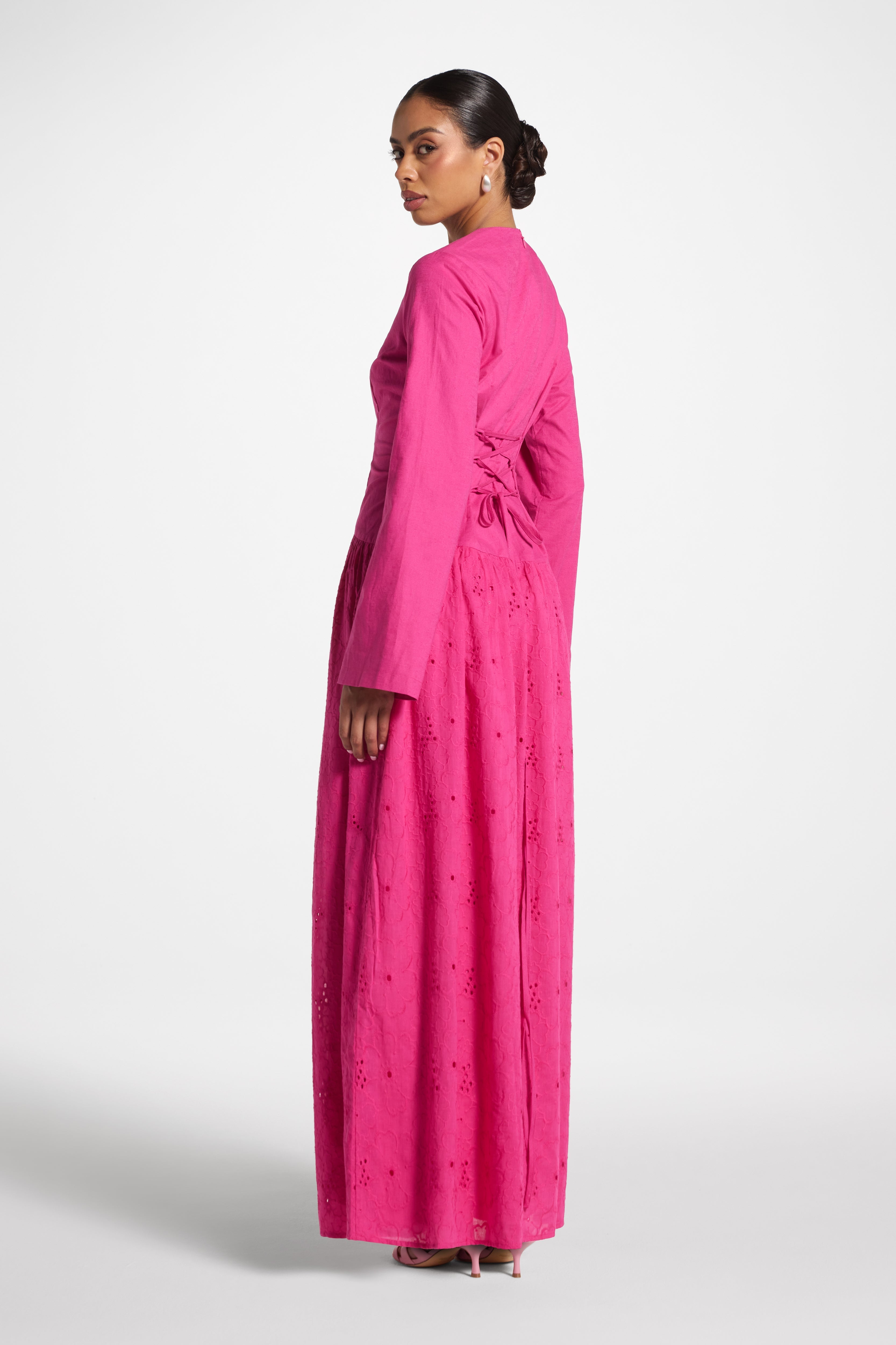 Eyelet Lace Up Maxi Dress - Magenta Abayas Veiled 