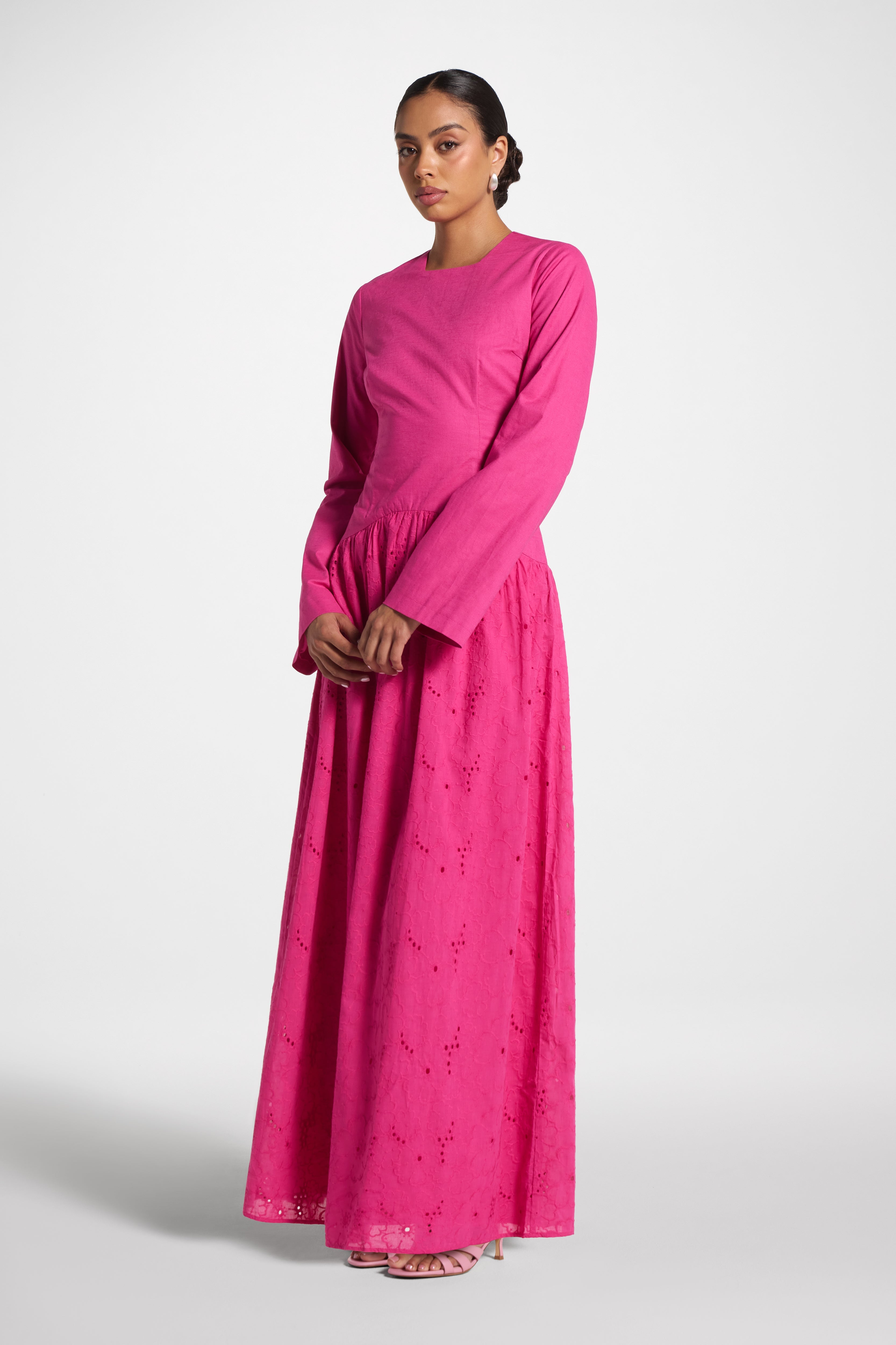 Eyelet Lace Up Maxi Dress - Magenta Abayas Veiled 