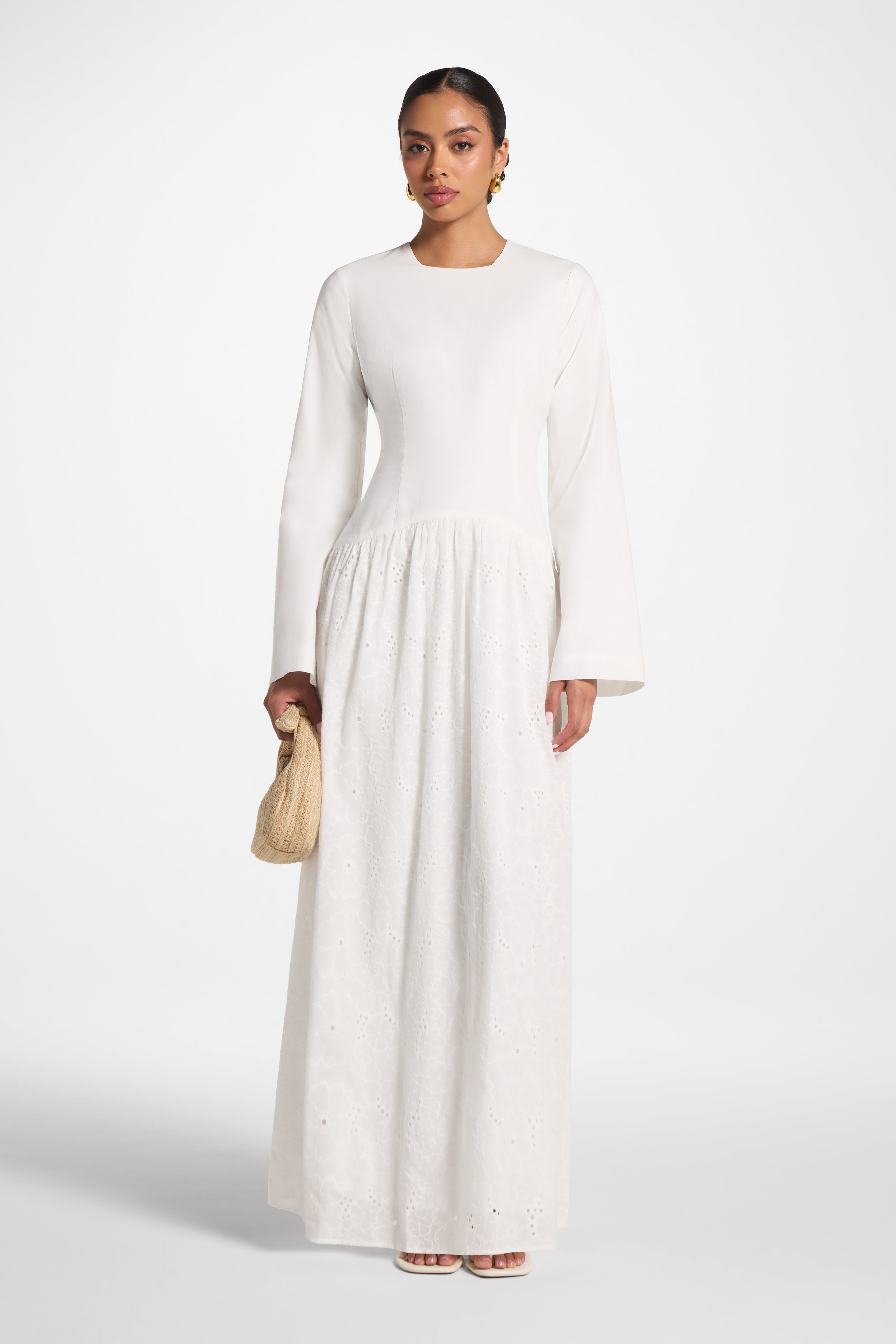 Eyelet Lace Up Maxi Dress - White Abayas Veiled 