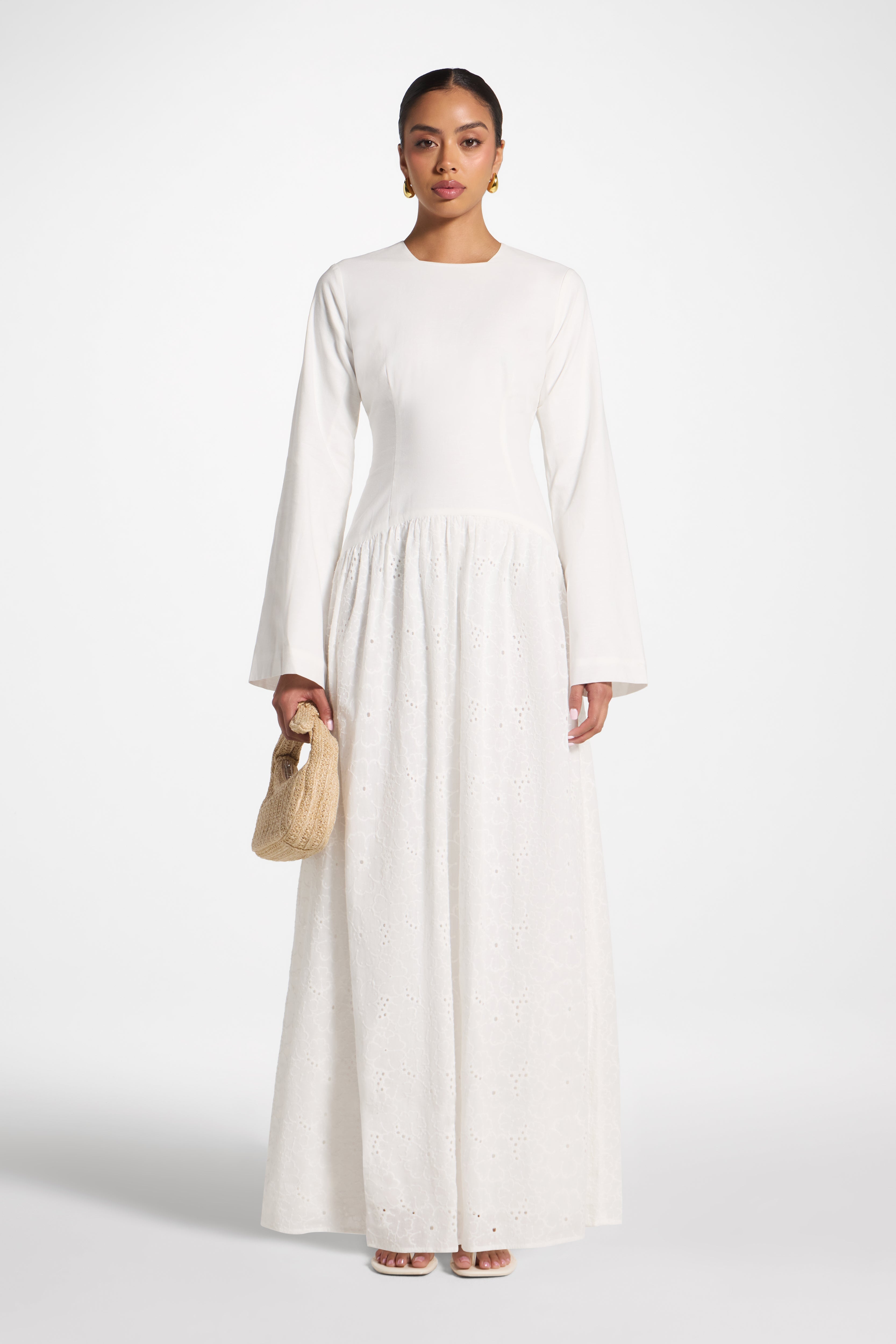 Eyelet Lace Up Maxi Dress - White Abayas Veiled 