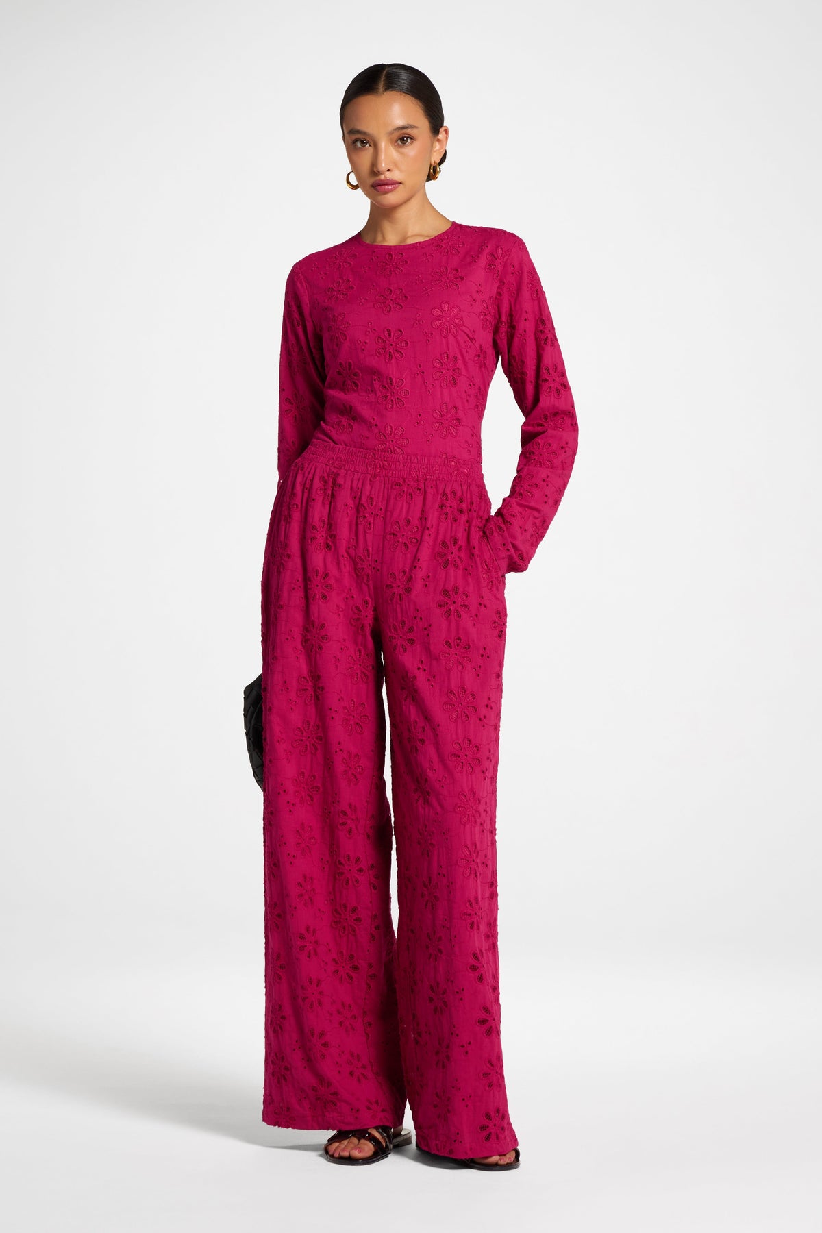 Eyelet Wide Leg Pant - Sangria Pants Veiled 