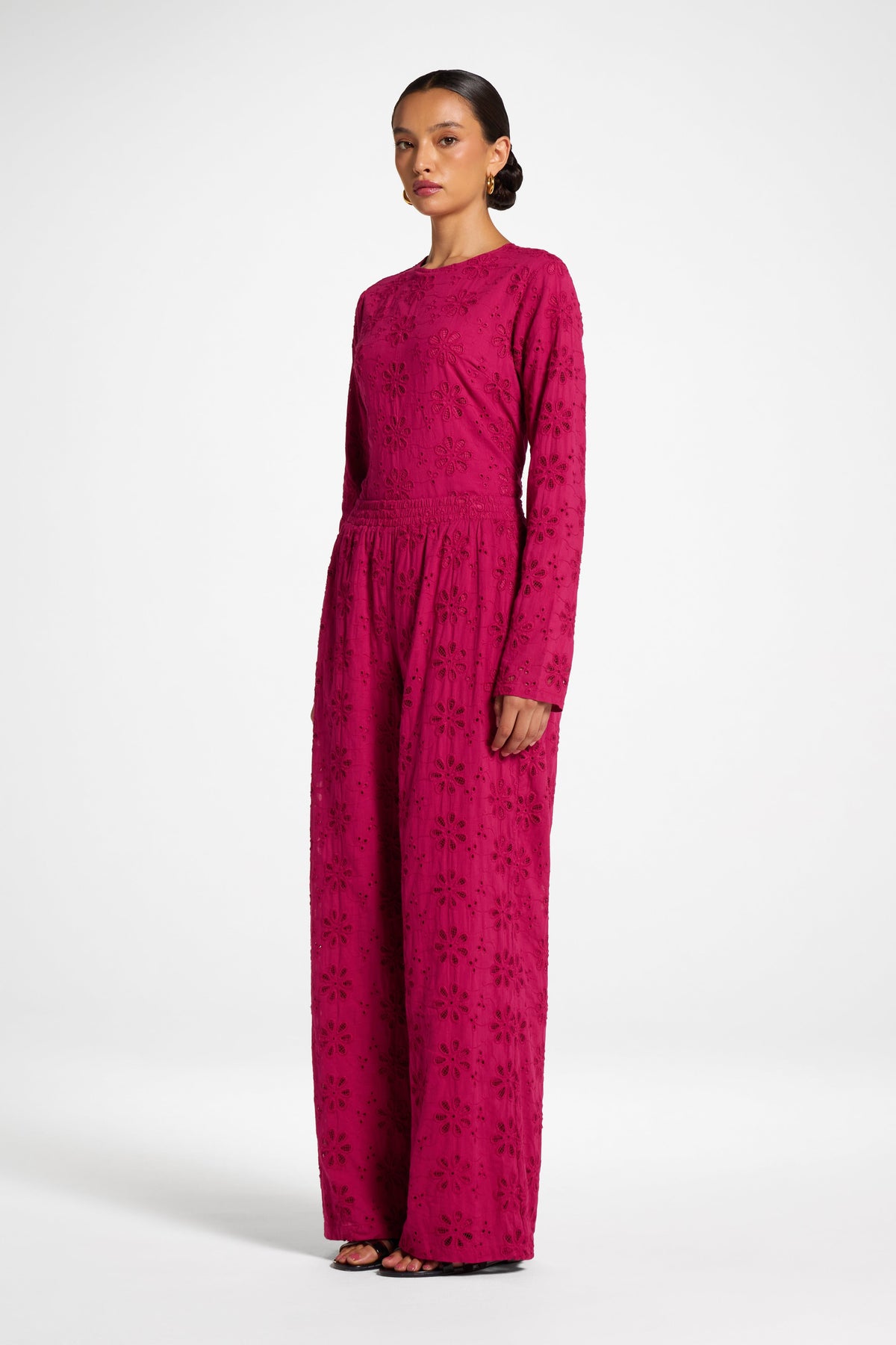 Eyelet Wide Leg Pant - Sangria Pants Veiled 
