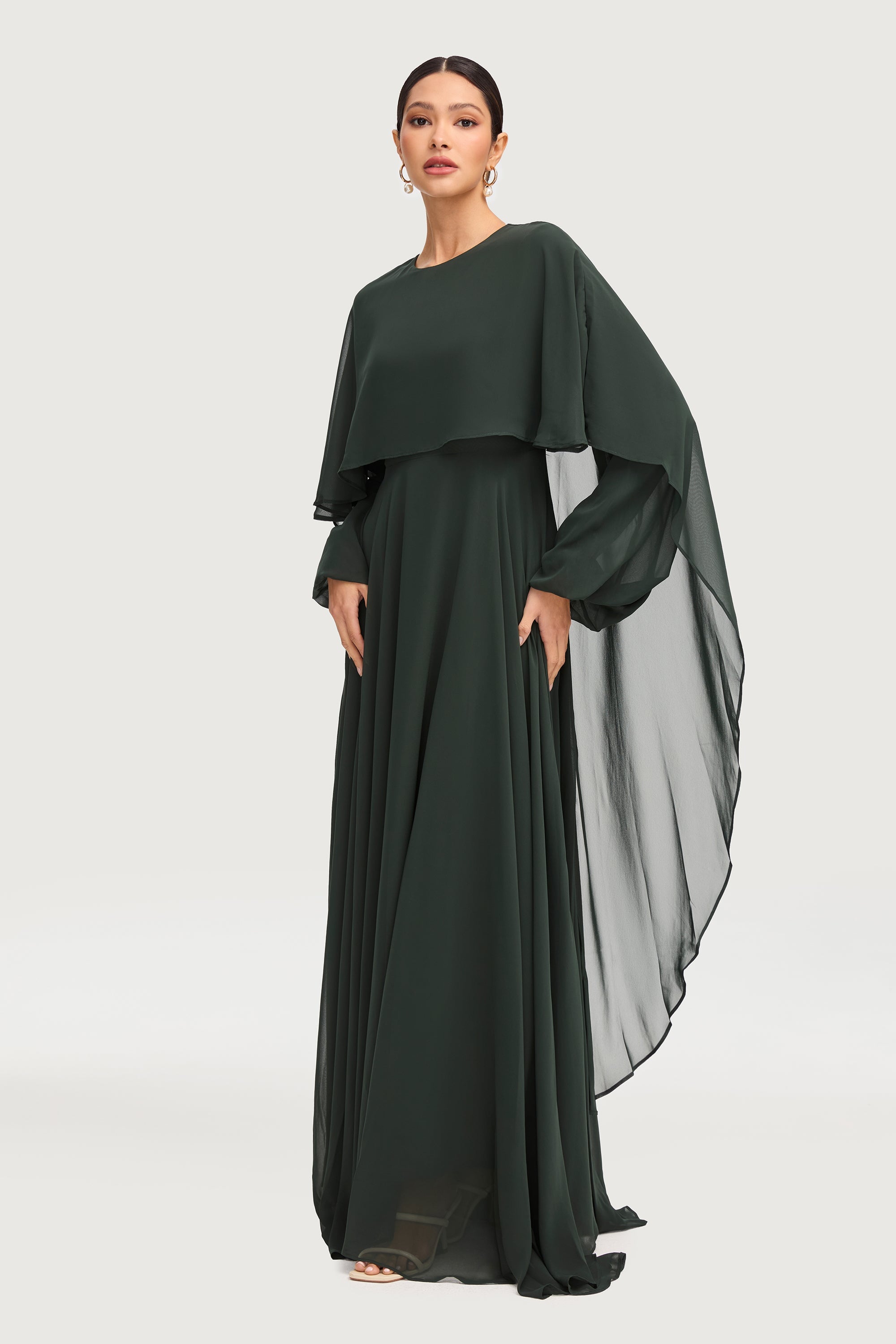 Farah Chiffon Cape Overlay Maxi Dress - Dark Emerald Dresses Veiled 