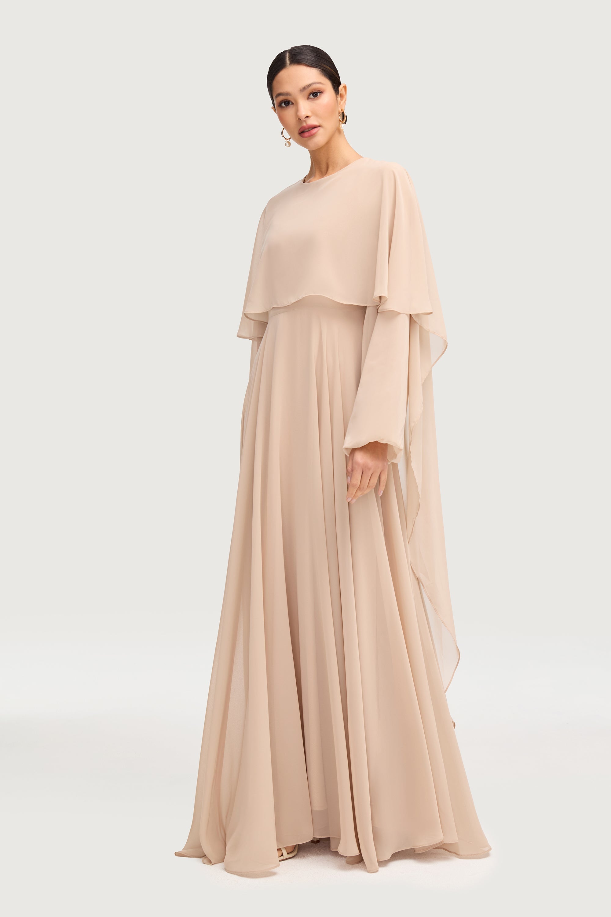 Farah Chiffon Cape Overlay Maxi Dress - Stone Dresses Veiled 