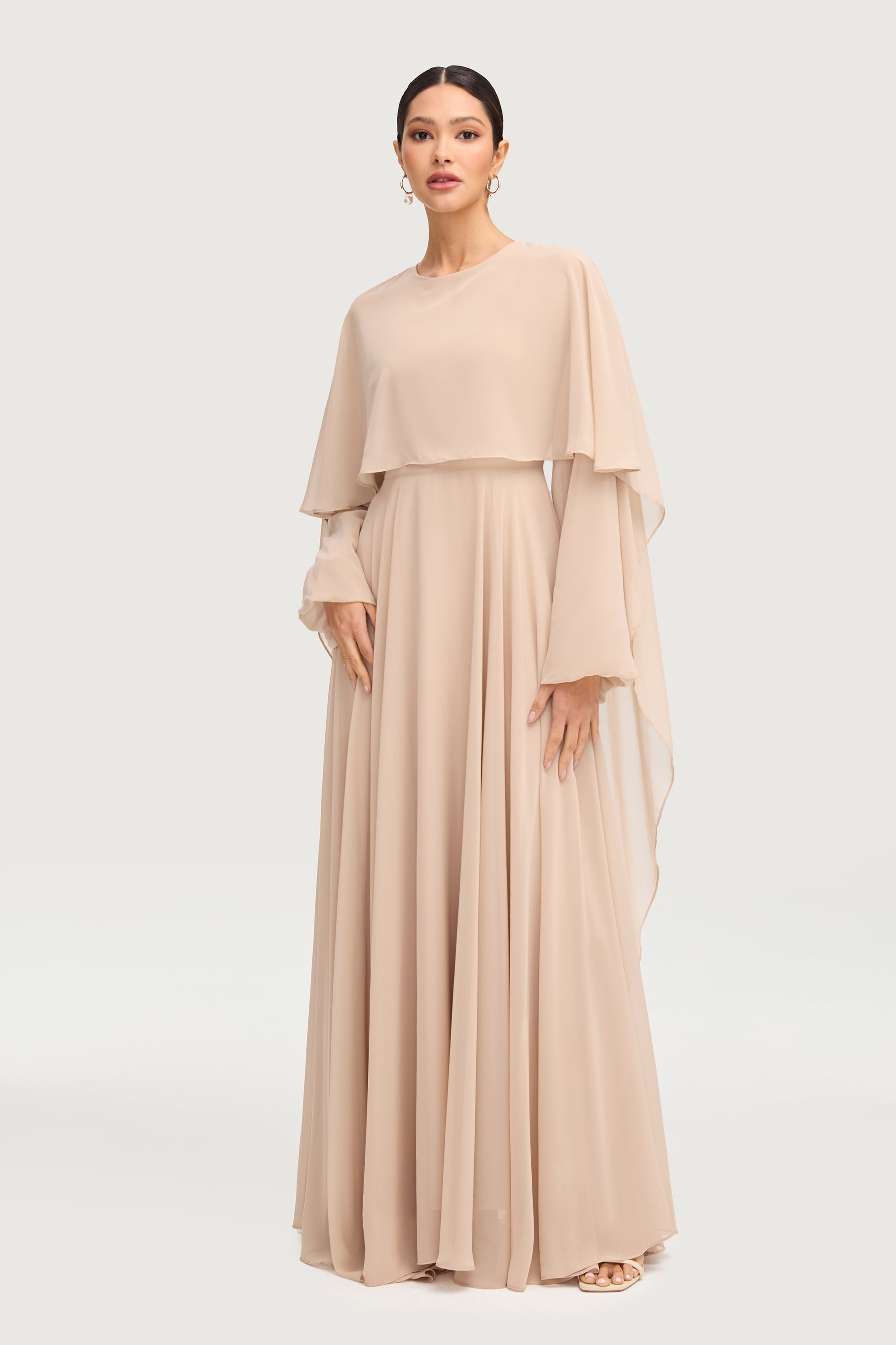 Farah Chiffon Cape Overlay Maxi Dress - Stone Dresses Veiled 