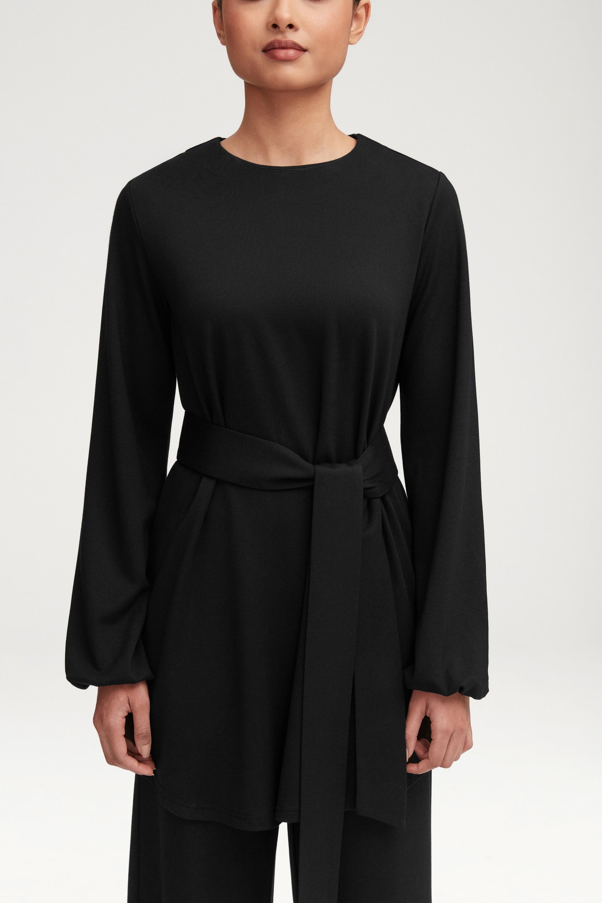 Fatima Everyday Belted Jersey Top - Black Clothing Veiled 