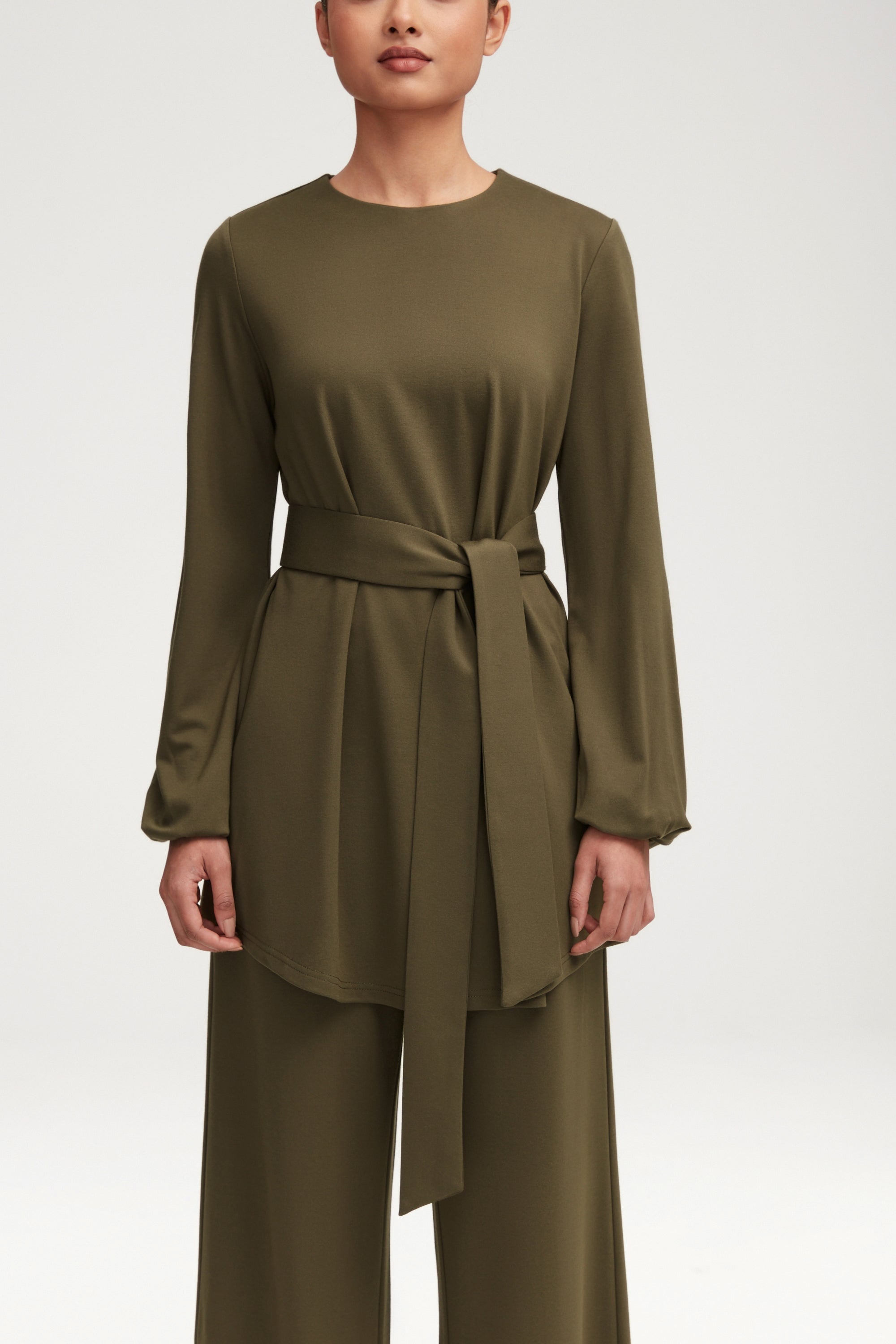 Fatima Everyday Belted Jersey Top - Olive Clothing Veiled 