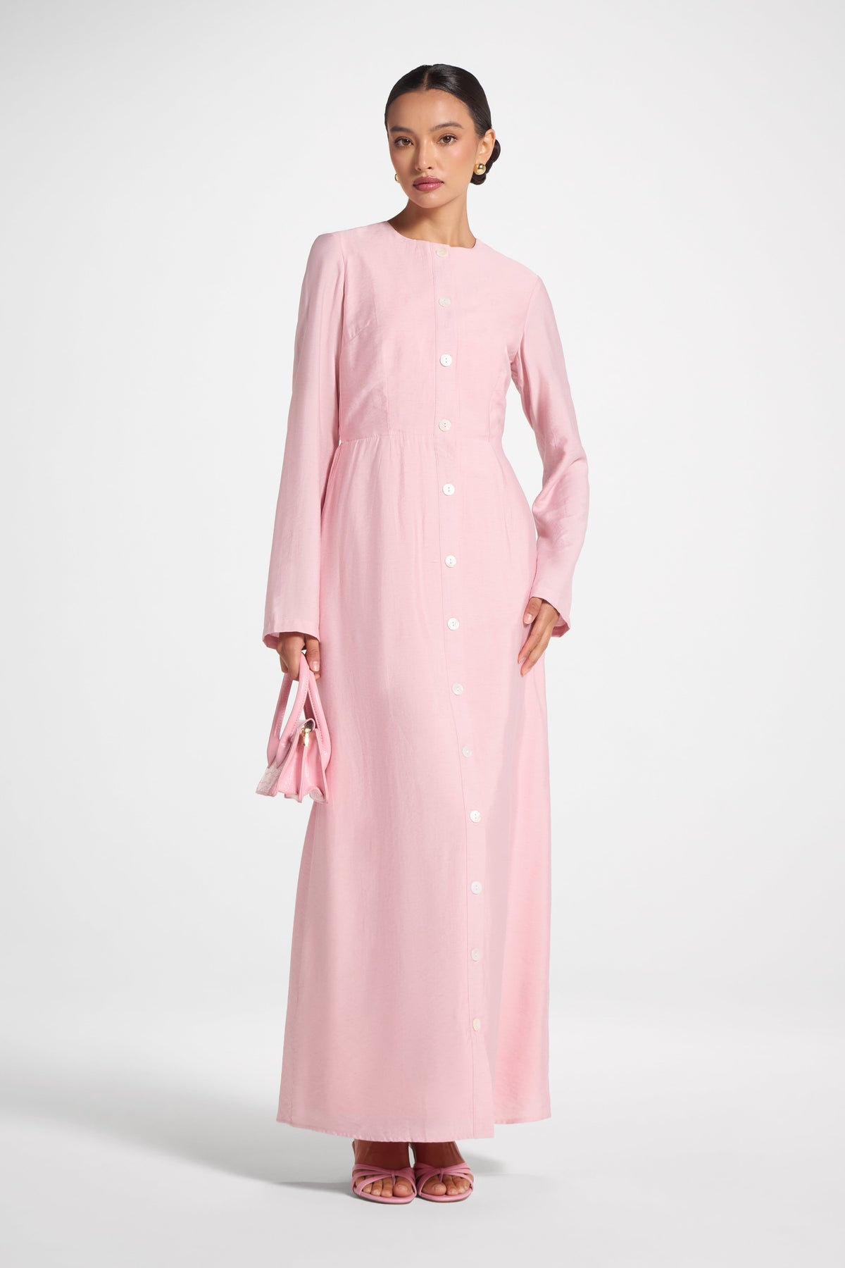 Faux Button Front Maxi Dress - Pink Dress Veiled 