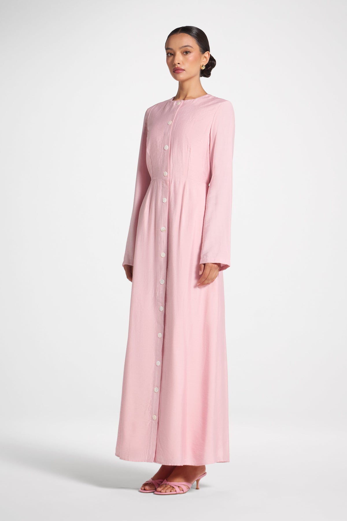 Faux Button Front Maxi Dress - Pink Dress Veiled 