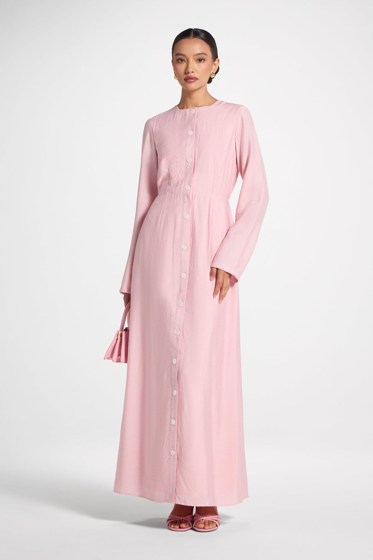 Faux Button Front Maxi Dress - Pink Dress Veiled 
