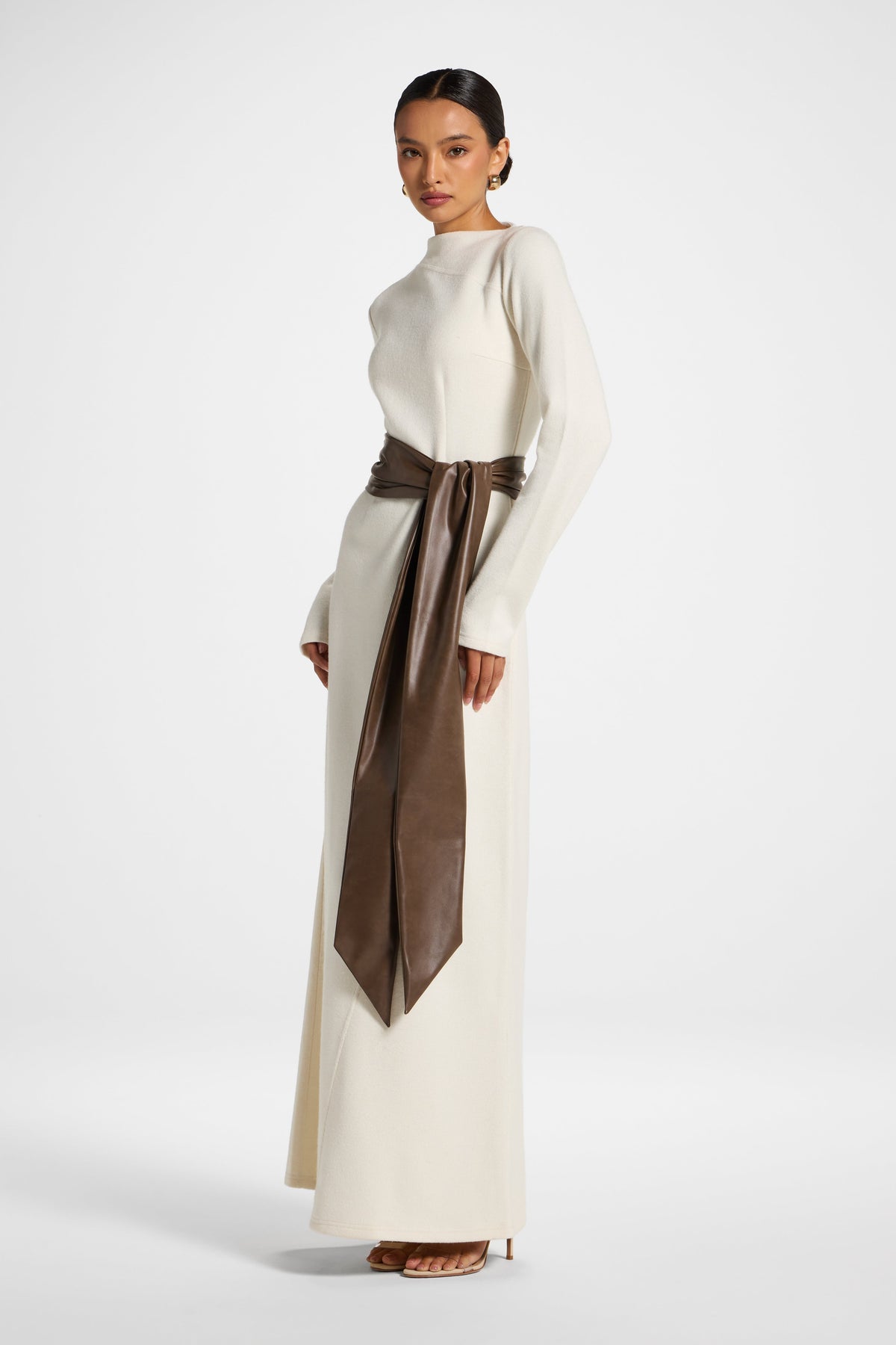 Faux Wrap Sweater Dress - Beige Dress Veiled 