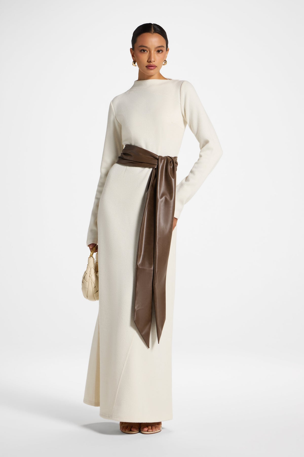 Faux Wrap Sweater Dress - Beige Dress Veiled 