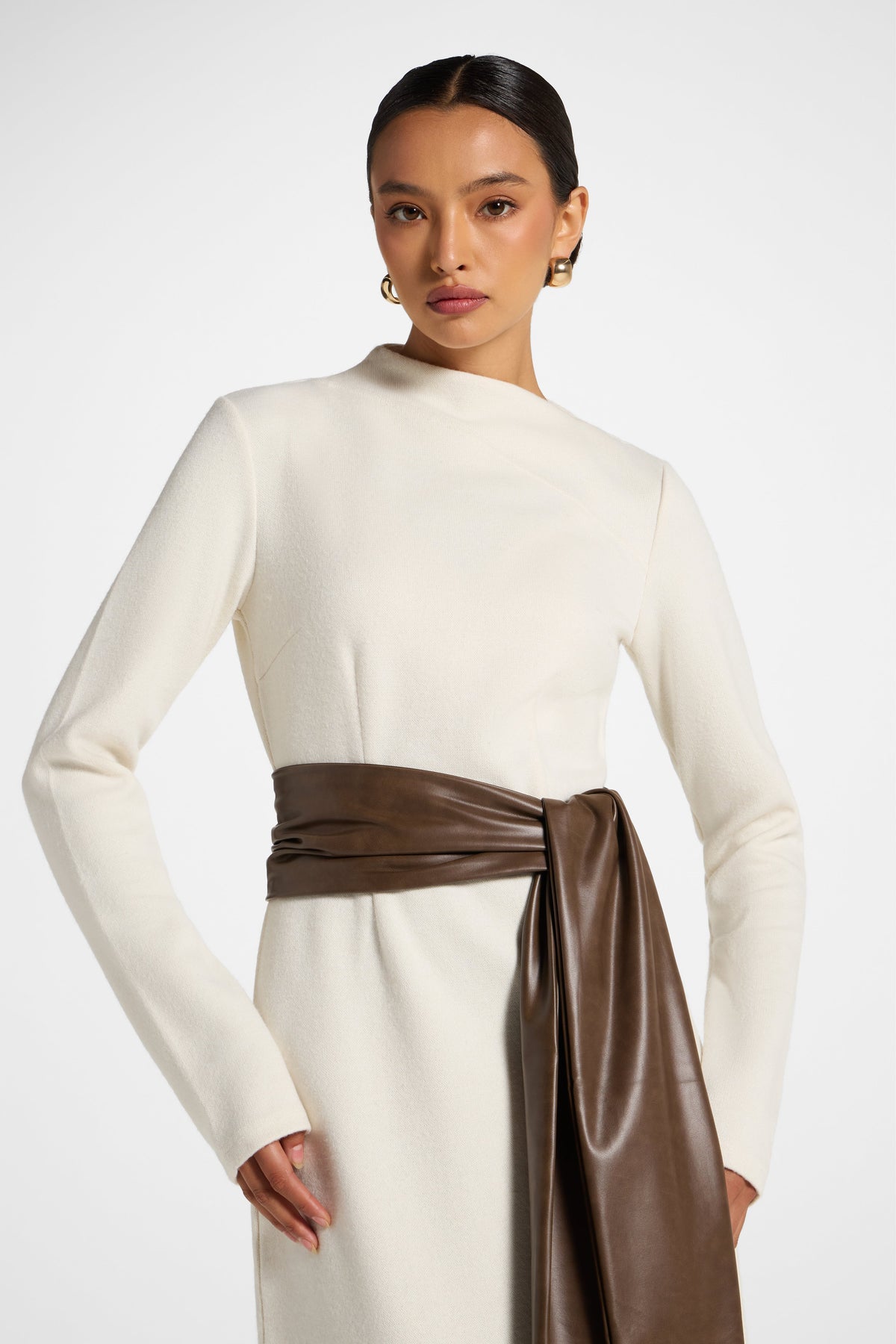 Faux Wrap Sweater Dress - Beige Dress Veiled 