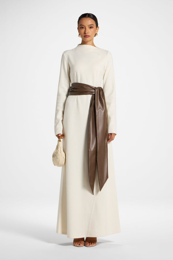 Faux Wrap Sweater Dress - Beige Dress Veiled 