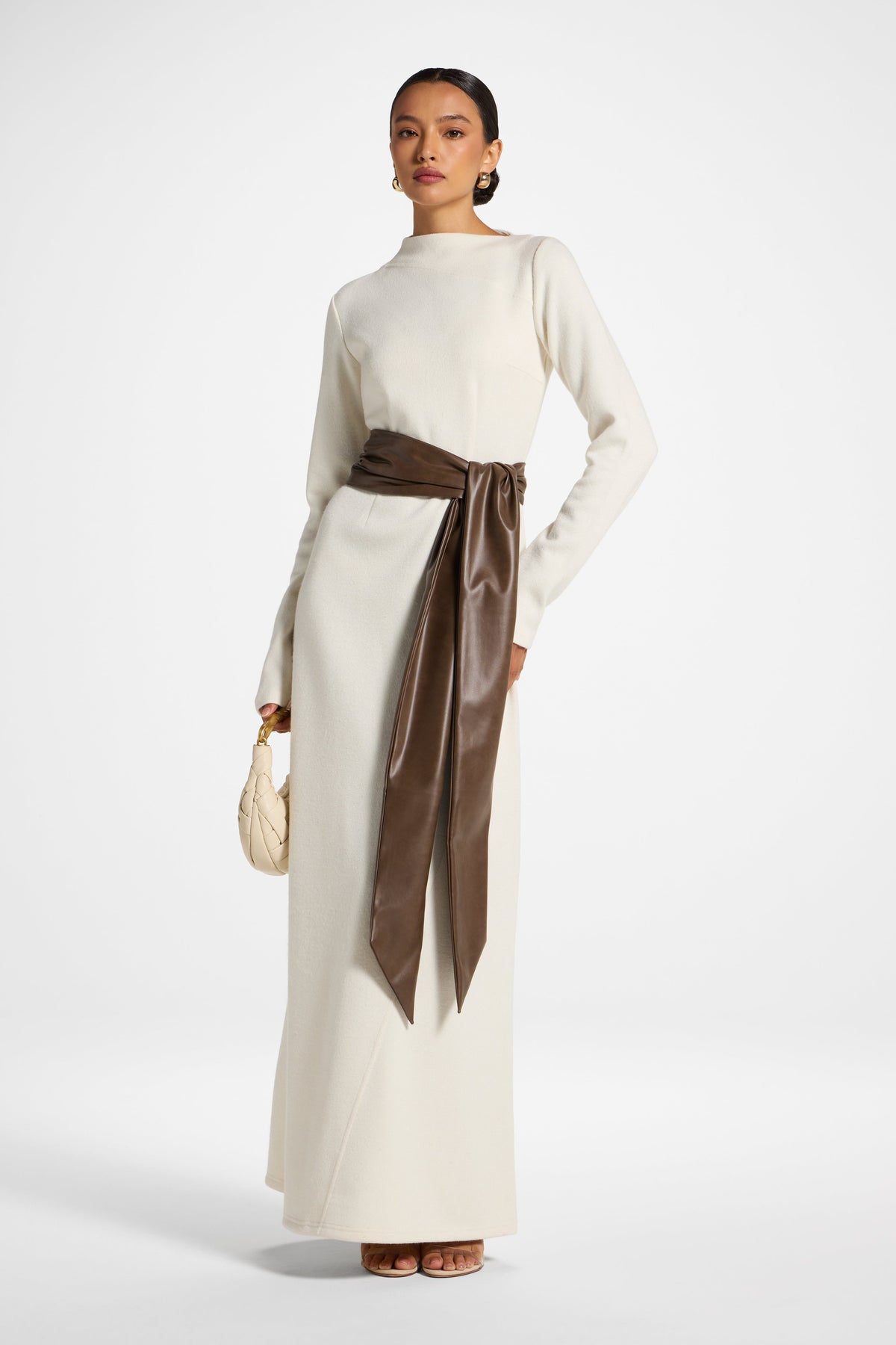 Faux Wrap Sweater Dress - Beige Dress Veiled 