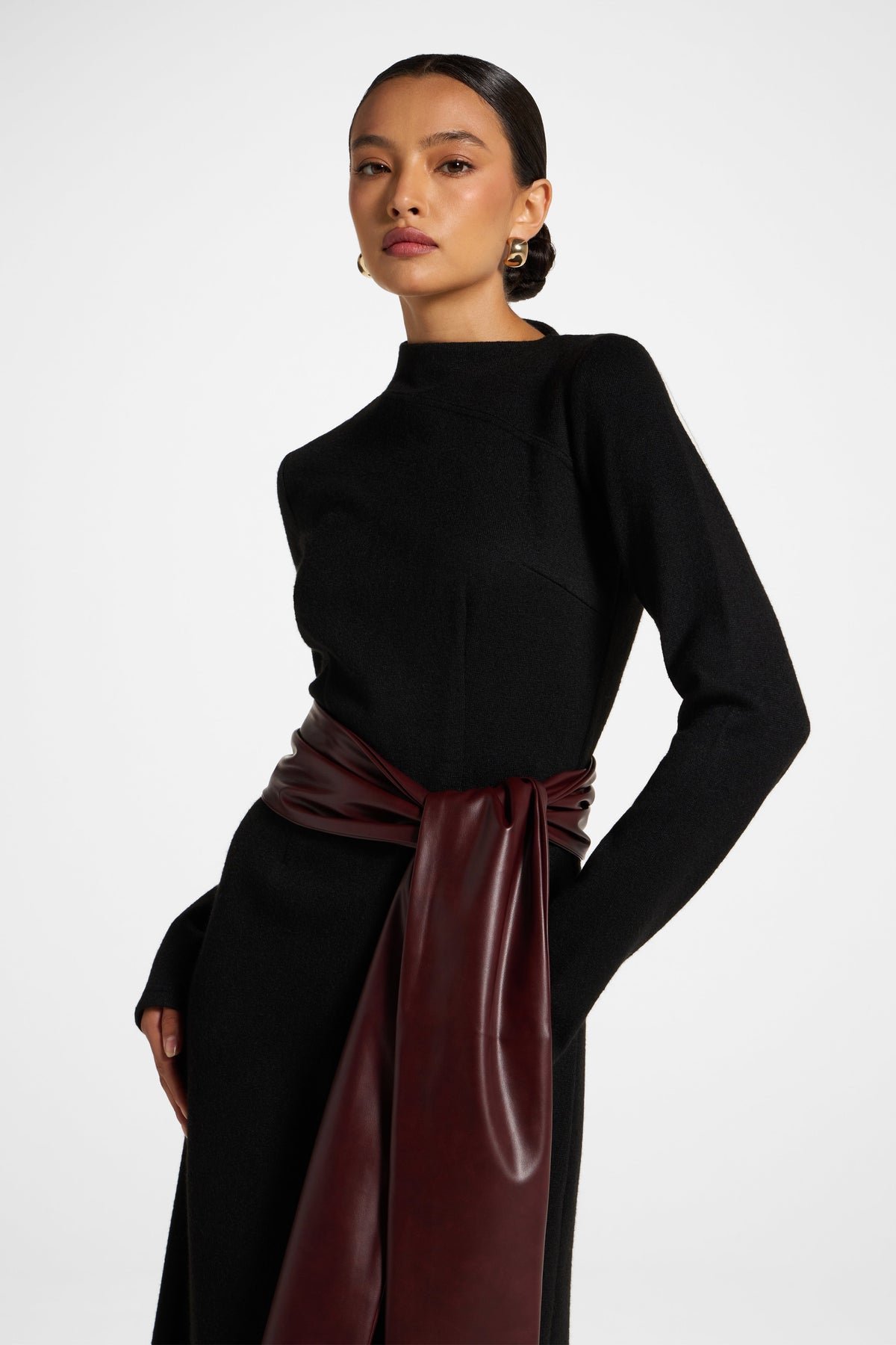 Faux Wrap Sweater Dress - Black Dress Veiled 