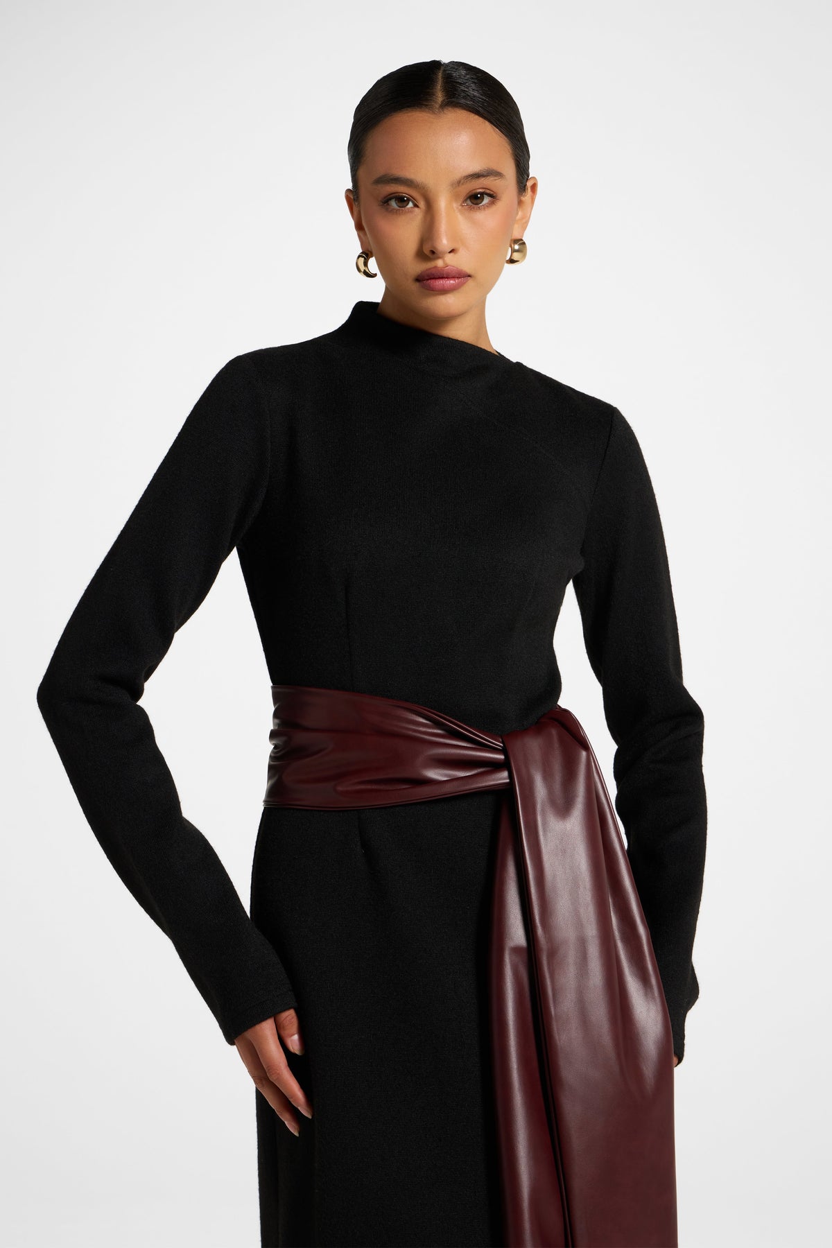 Faux Wrap Sweater Dress - Black Dress Veiled 