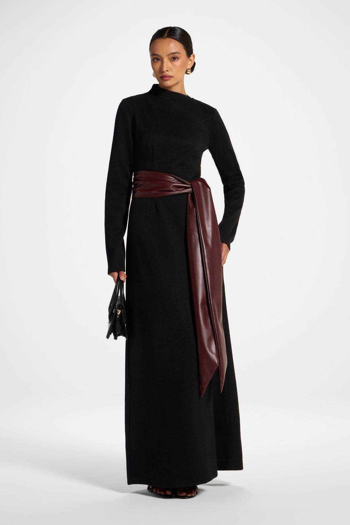 Faux Wrap Sweater Dress - Black Dress Veiled 