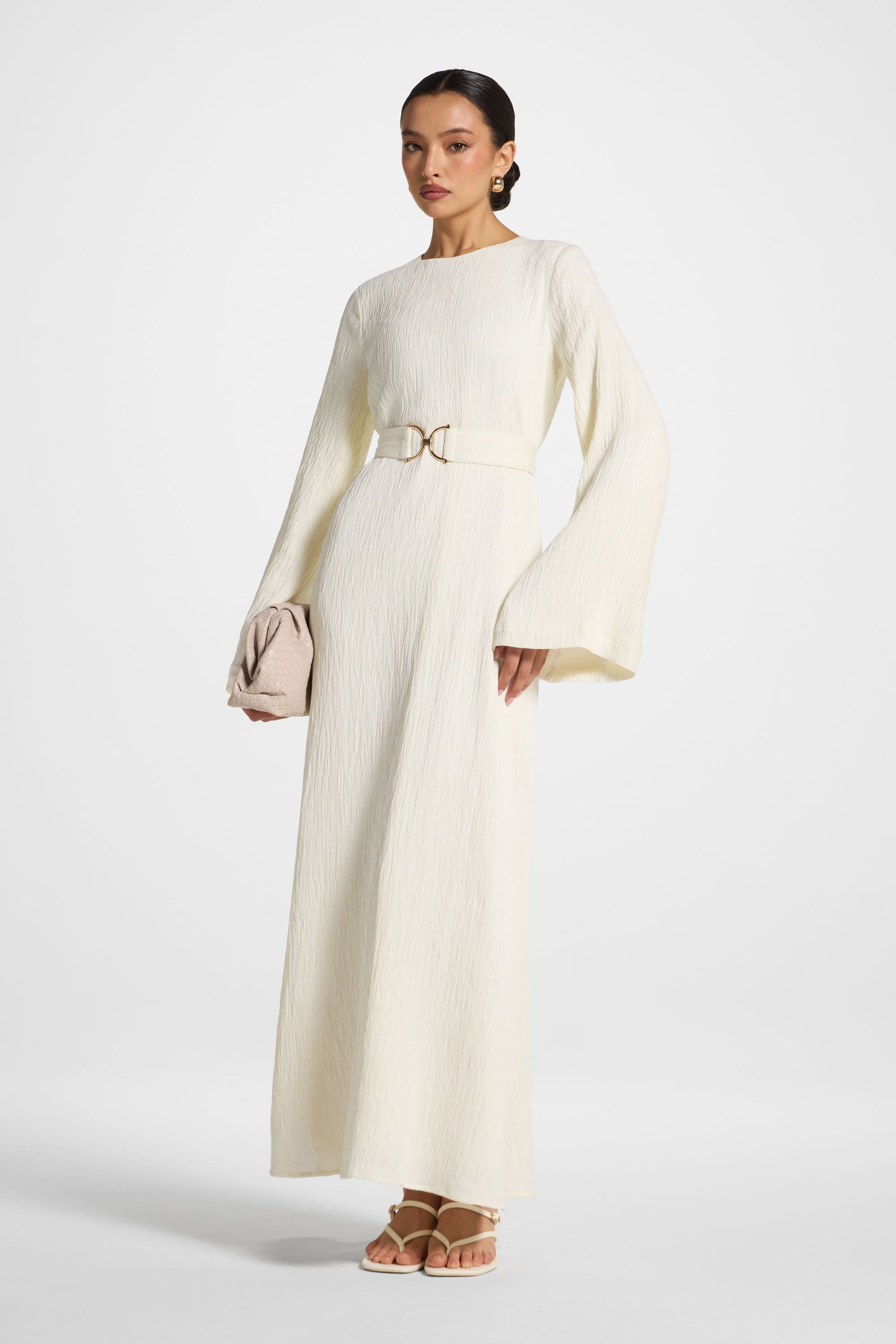 Flare Sleeve Maxi Dress - White Abayas Veiled 