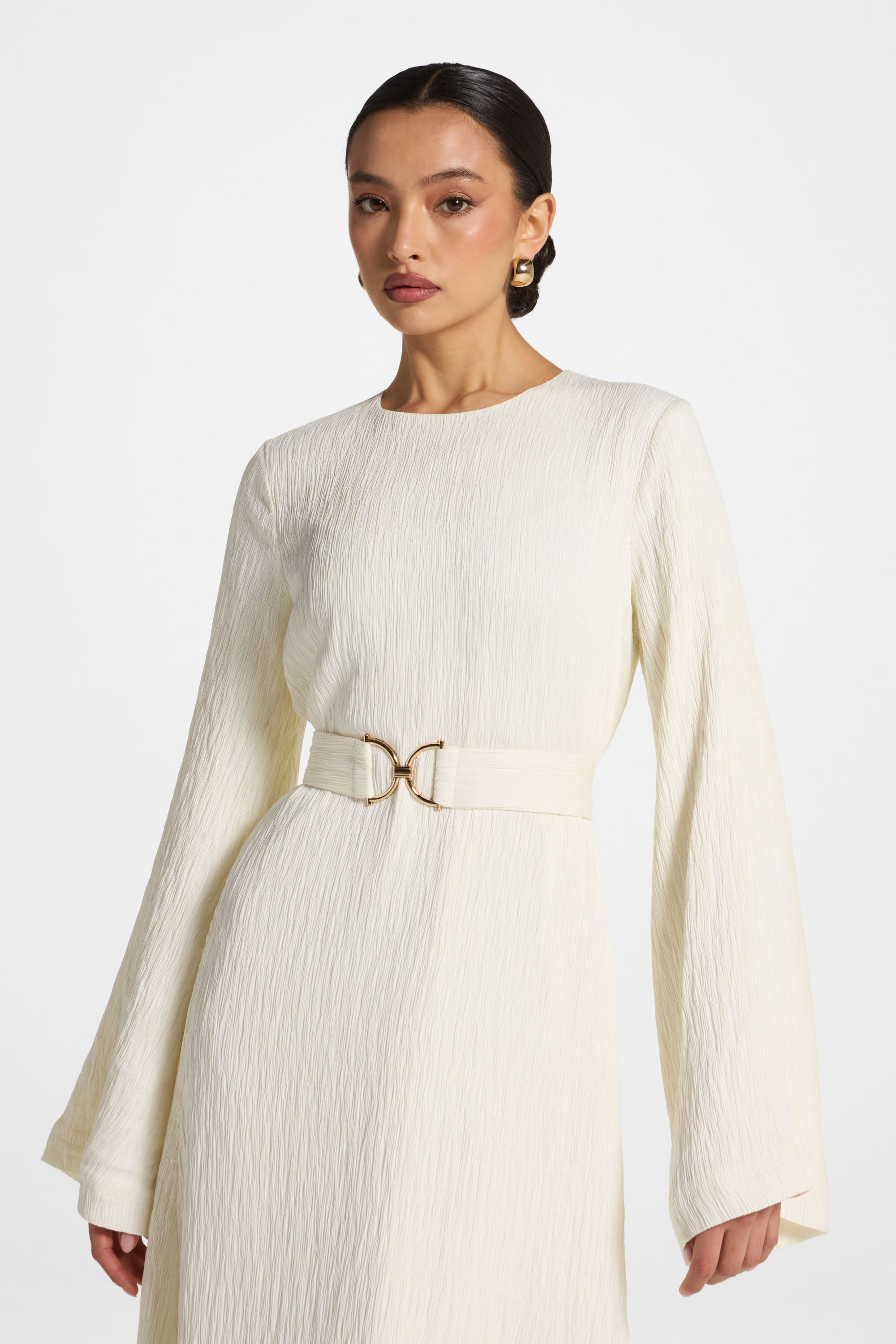 Flare Sleeve Maxi Dress - White Abayas Veiled 