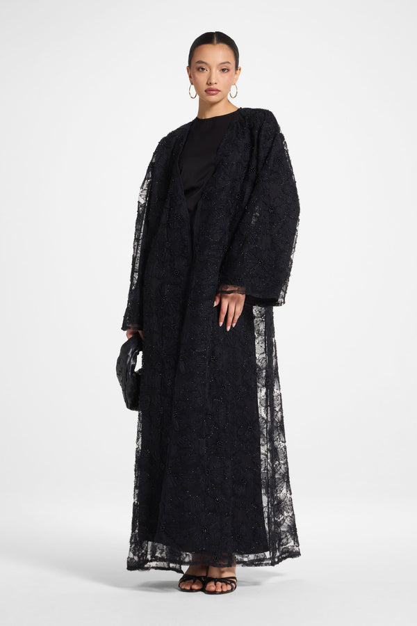 Floral Embellished Abaya & Dress Set - Black Abayas Veiled 
