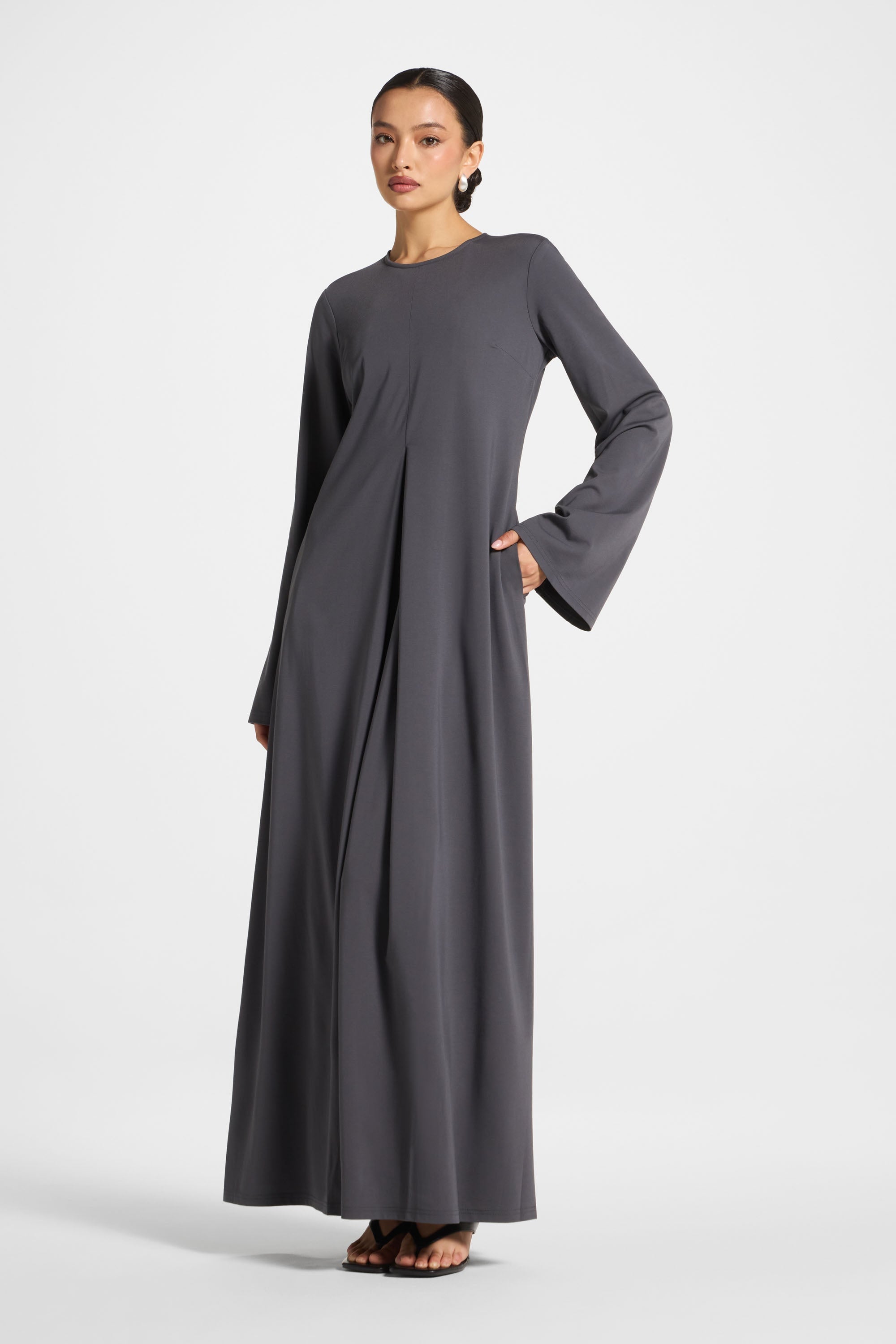 Flowy Pleat Maxi Dress - Iron Abayas Veiled 