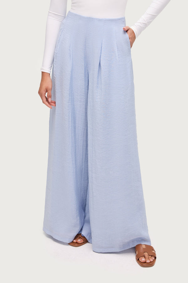 Front Pleat Palazzo Wide Leg Pants - Aura Blue Dresses Veiled 