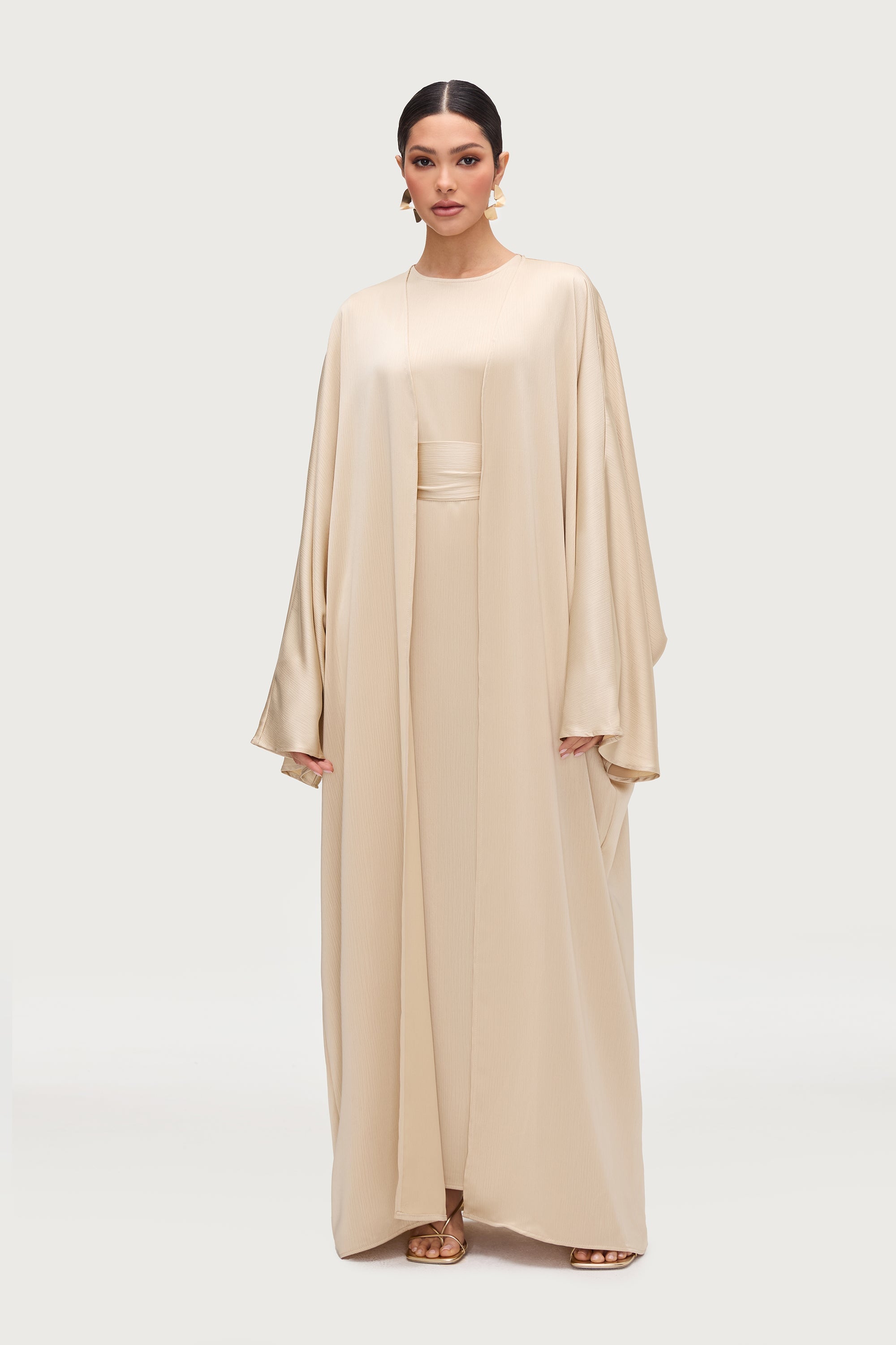 Ghada Satin Open Abaya & Dress Set - Golden Sand Abayas Veiled 