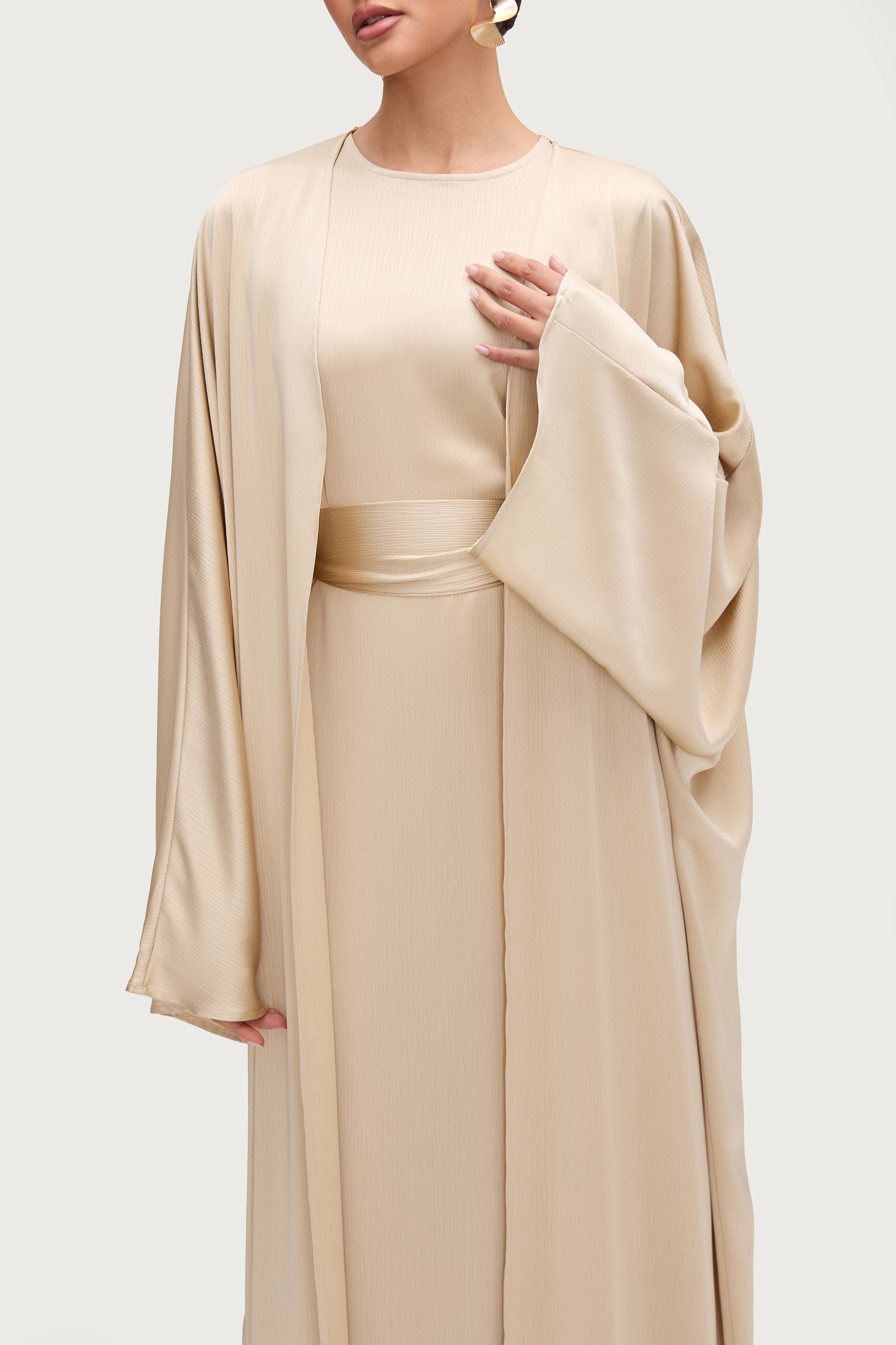 Ghada Satin Open Abaya & Dress Set - Golden Sand Abayas Veiled 