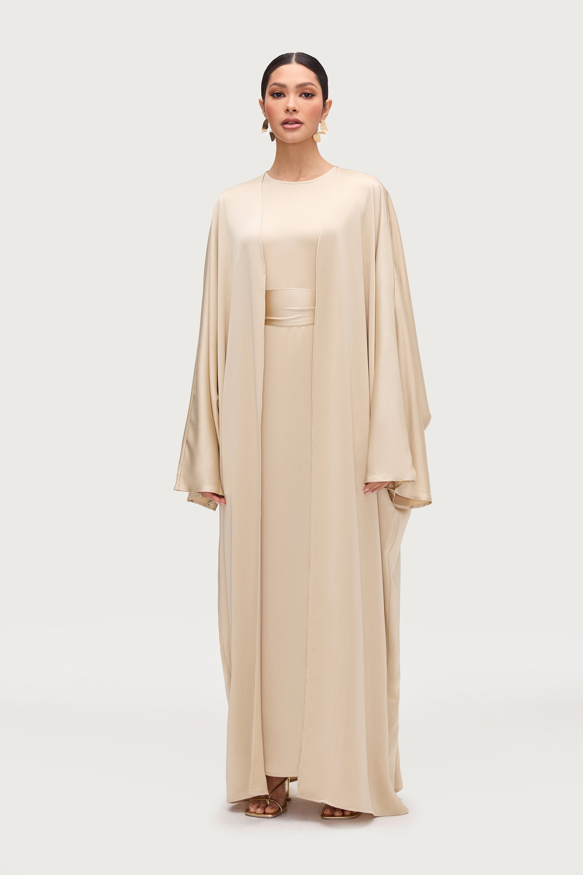 Ghada Satin Open Abaya & Dress Set - Golden Sand Abayas Veiled 