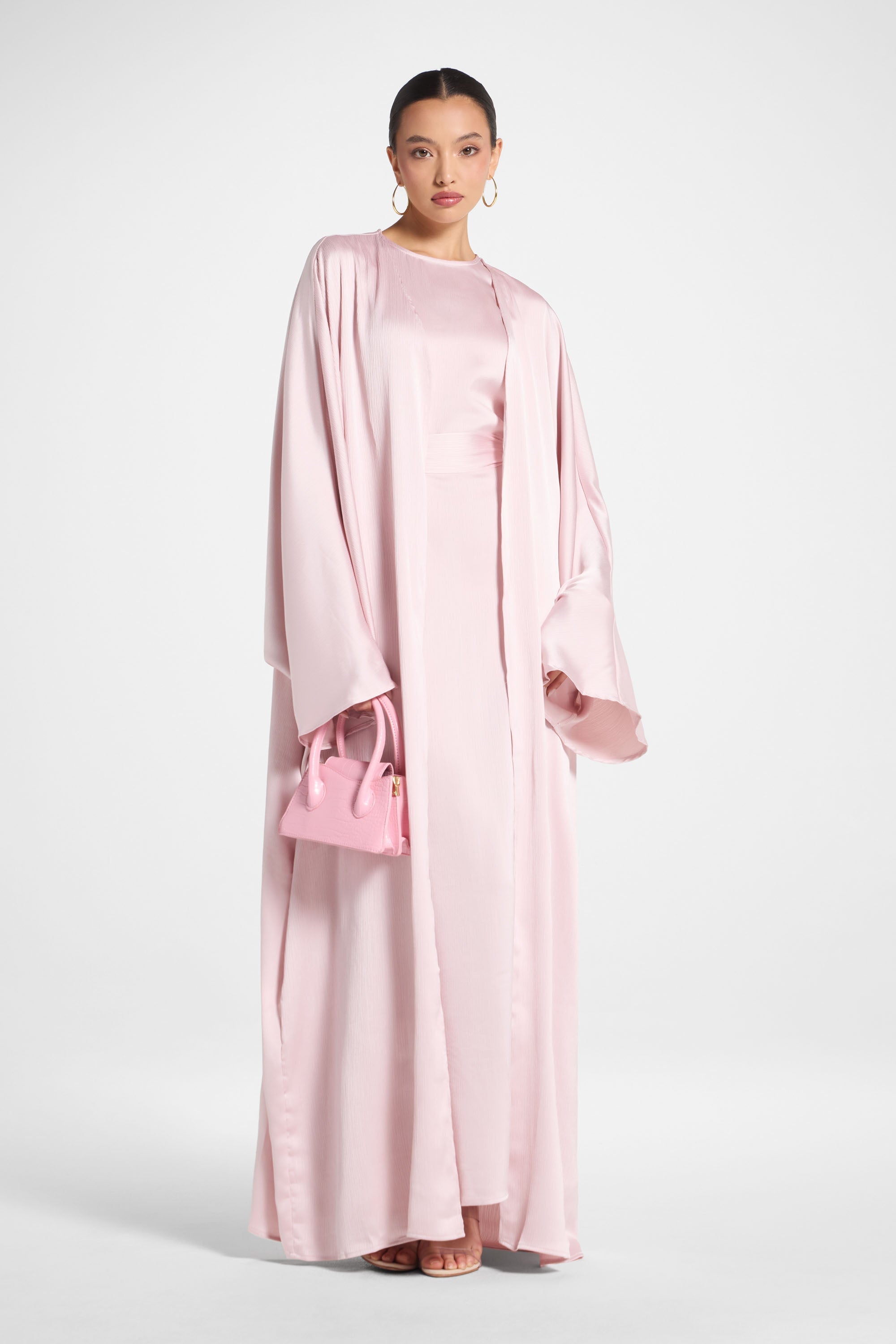 Ghada Satin Open Abaya & Dress Set - Pastel Pink Abayas Veiled 