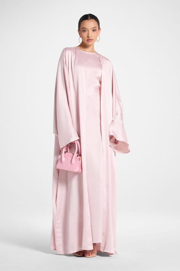 Ghada Satin Open Abaya & Dress Set - Pastel Pink Abayas Veiled 
