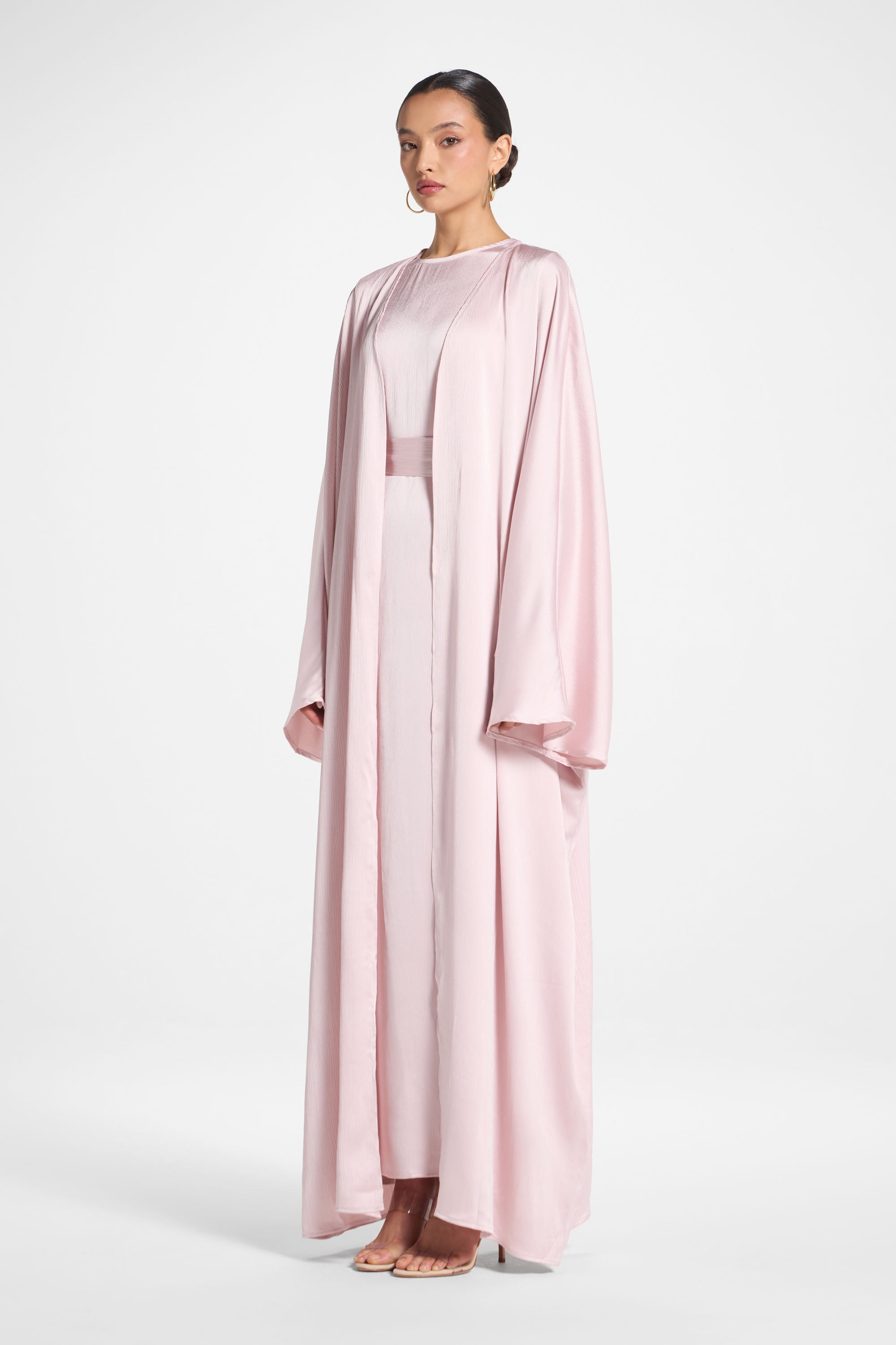 Ghada Satin Open Abaya & Dress Set - Pastel Pink Abayas Veiled 
