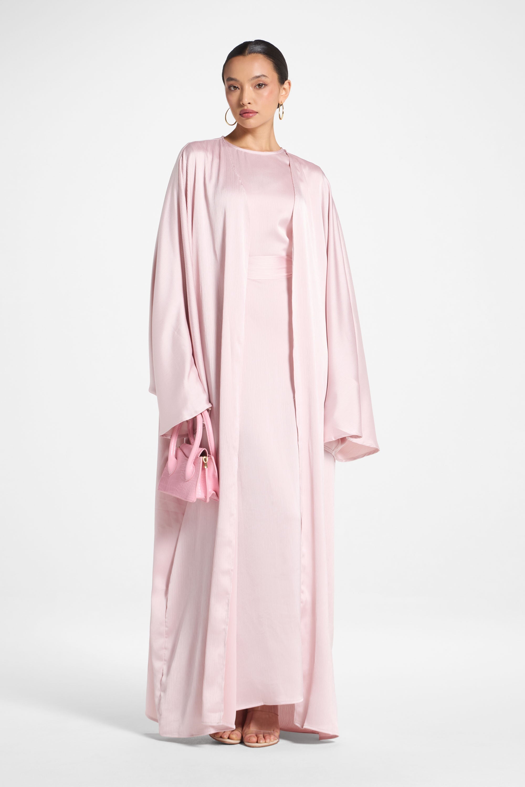 Ghada Satin Open Abaya & Dress Set - Pastel Pink Abayas Veiled 
