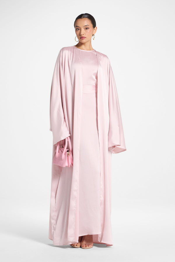 Ghada Satin Open Abaya & Dress Set - Pastel Pink Abayas Veiled 