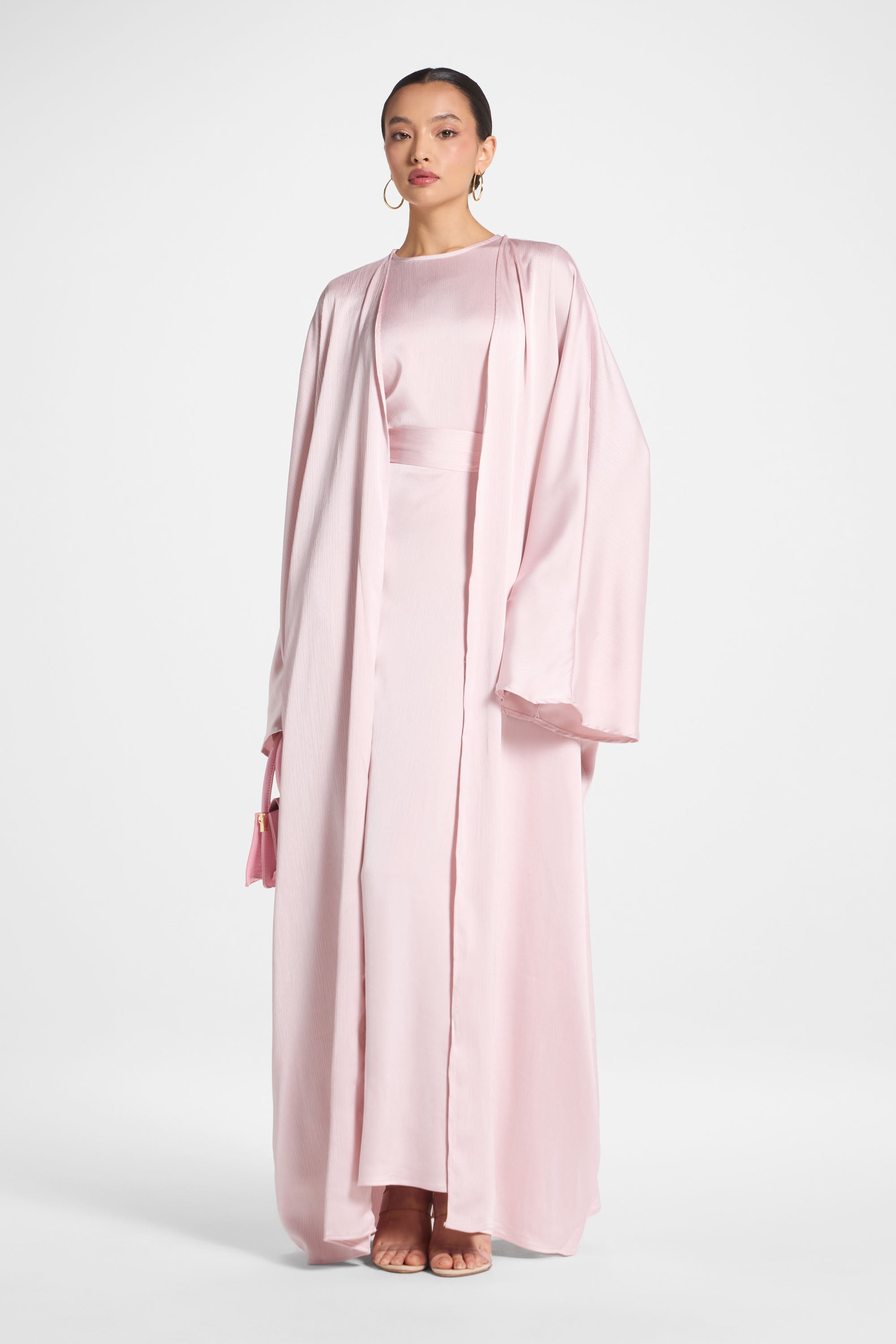 Ghada Satin Open Abaya & Dress Set - Pastel Pink Abayas Veiled 