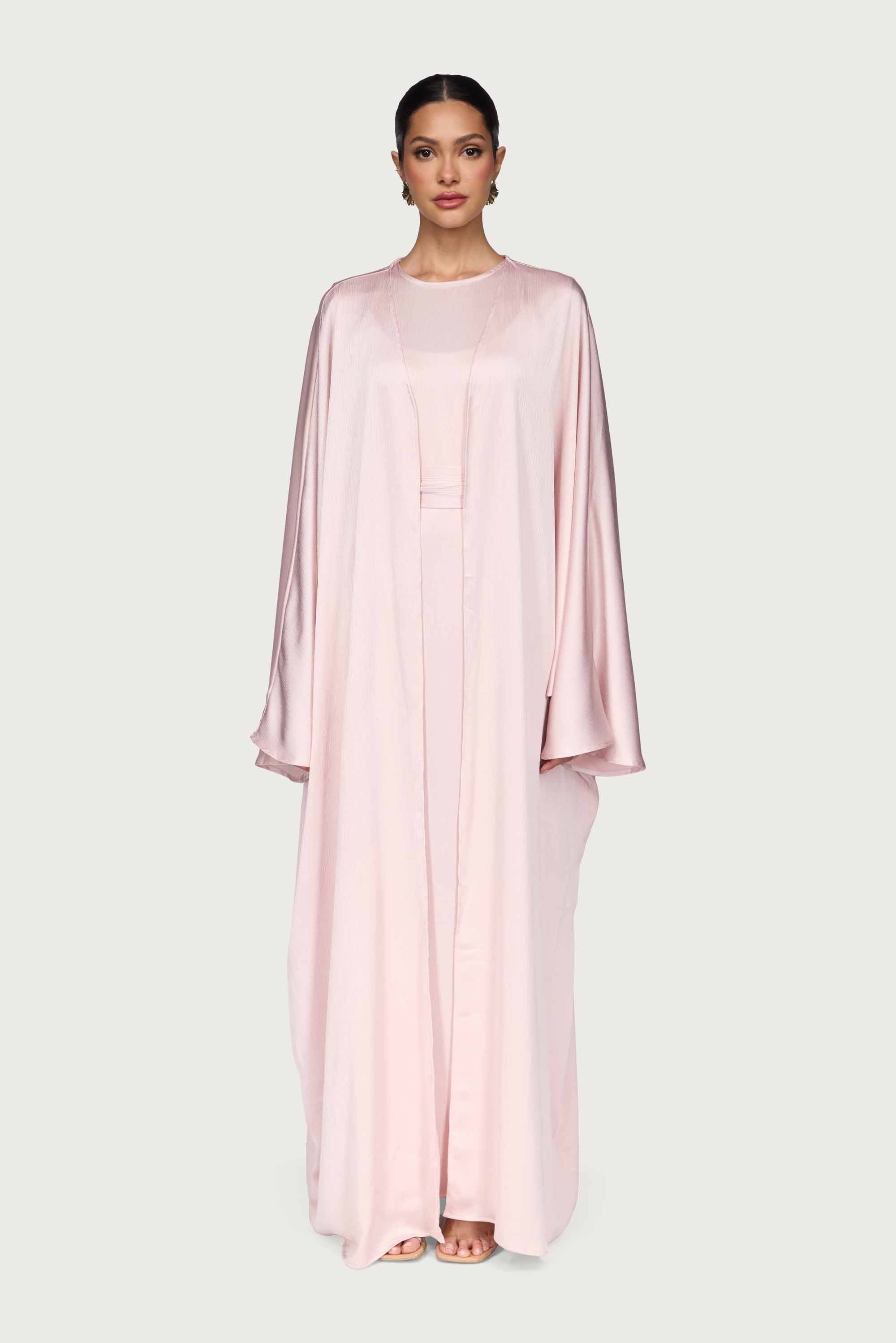 Ghada Satin Open Abaya & Dress Set - Pastel Pink