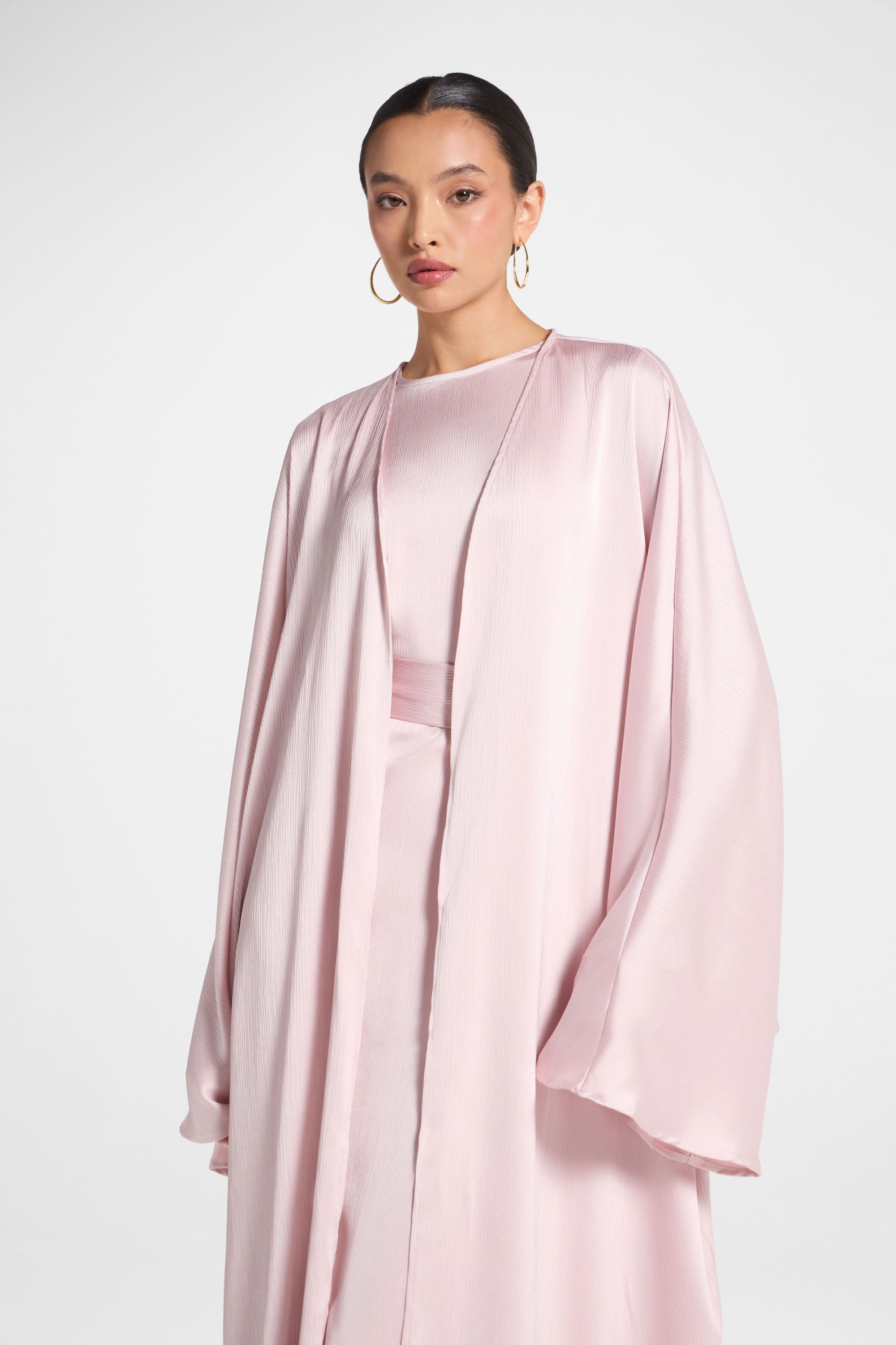 Ghada Satin Open Abaya & Dress Set - Pastel Pink Abayas Veiled 