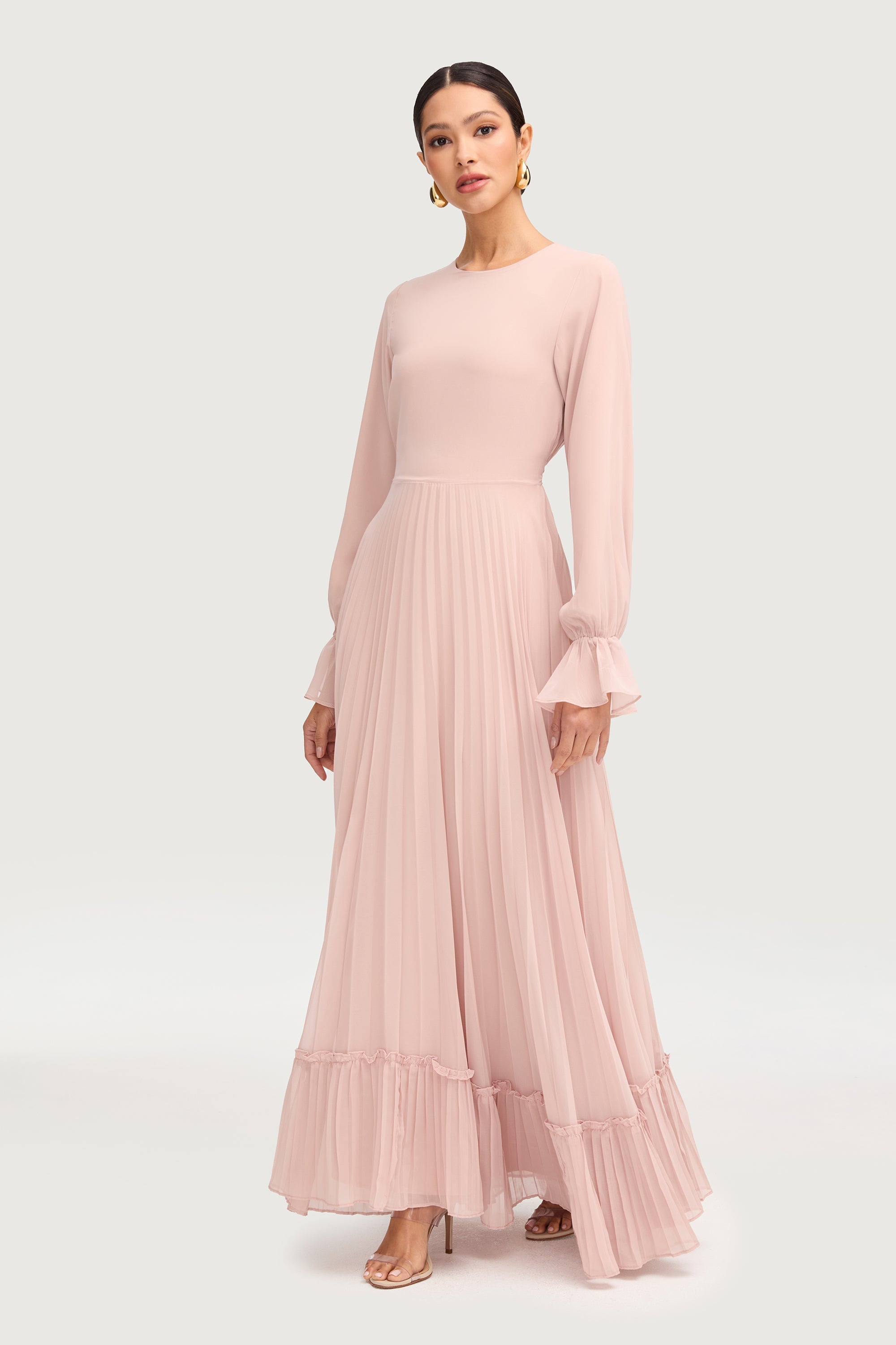 Hajer Pleated Chiffon Maxi Dress - Jasmine Pink Dresses Veiled 