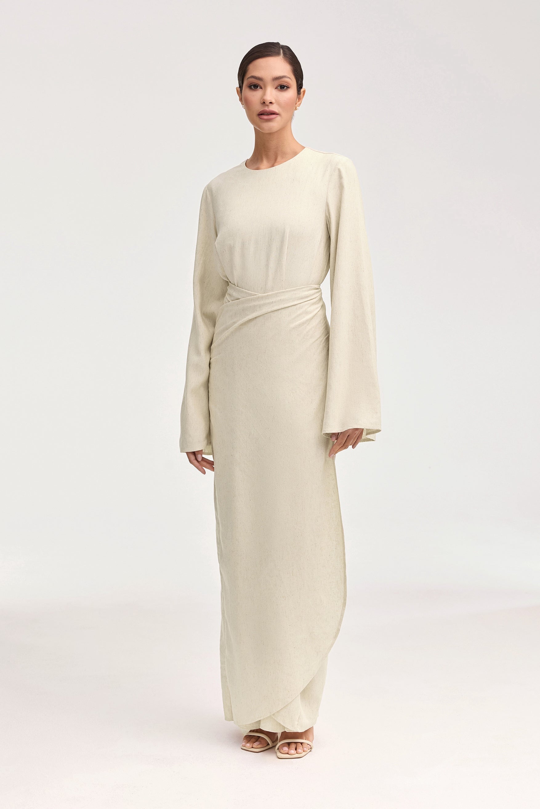 Hanadi Linen Wrap Maxi Dress - Beige Clothing Veiled 